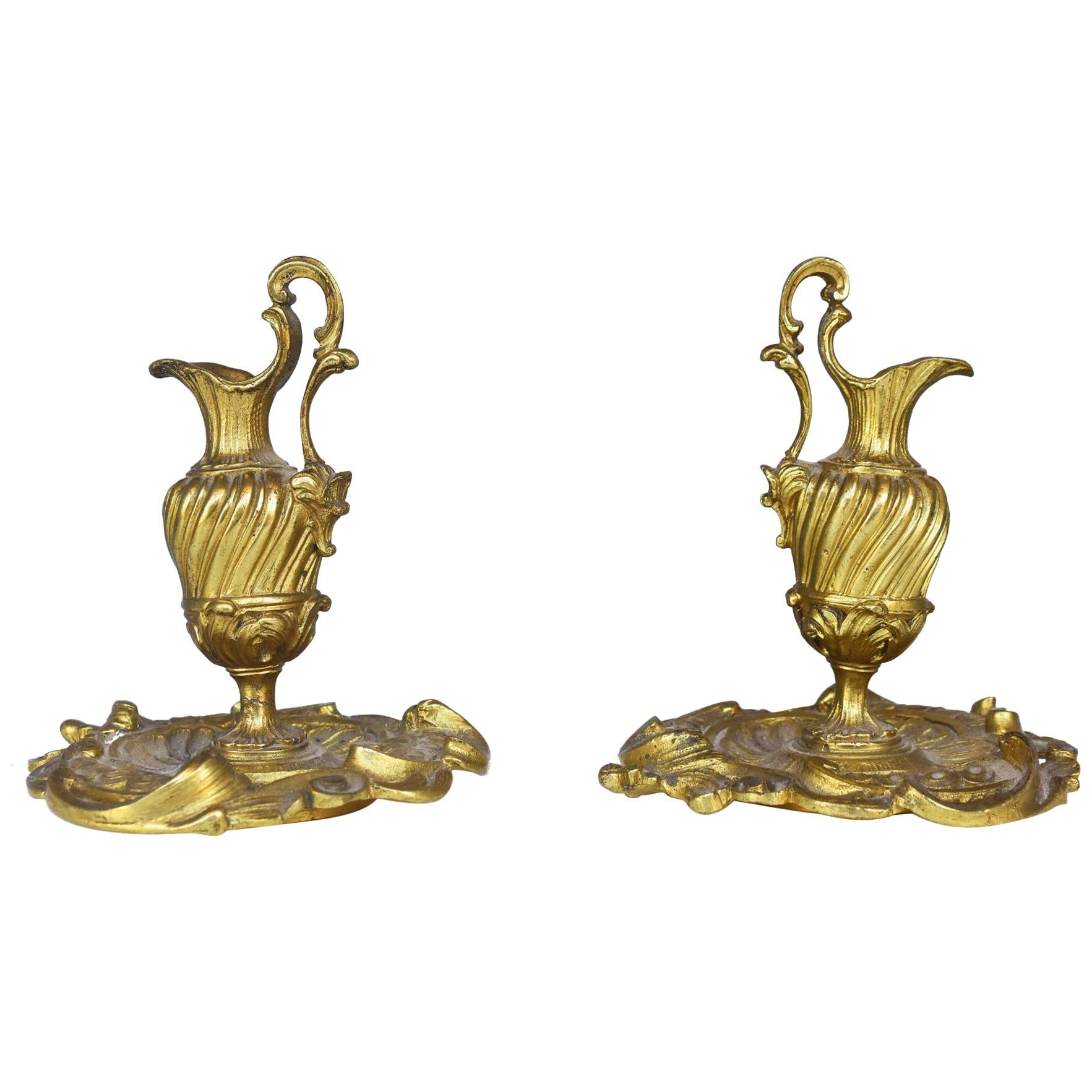 Pair of Small Ewers Decorative Gilt Bronze For Sale