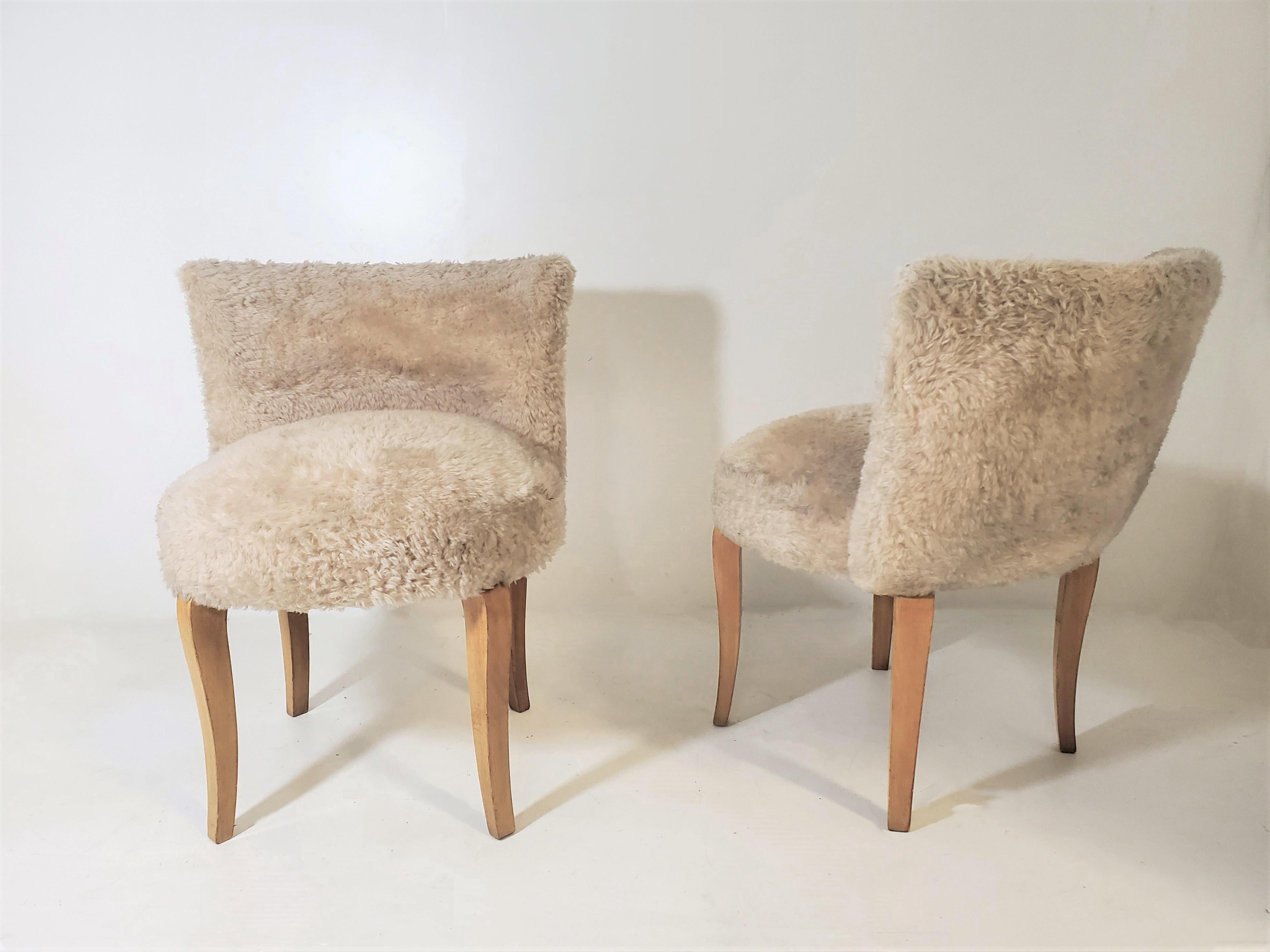 Pair of Small French 1940s Faux Fur Upholstered Slipper Chairs/ Poufs /Stools 6