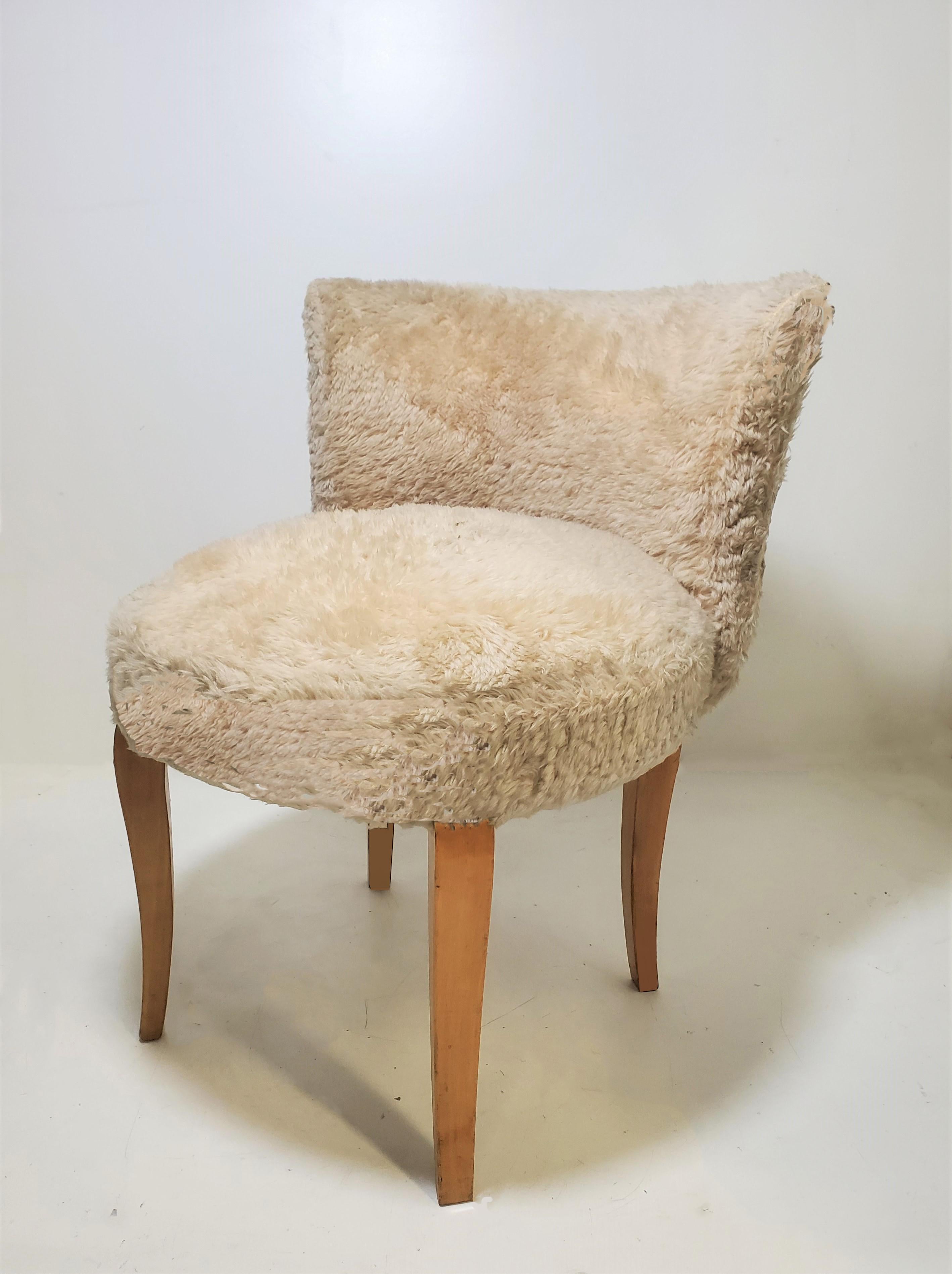 Art Deco Pair of Small French 1940s Faux Fur Upholstered Slipper Chairs/ Poufs /Stools