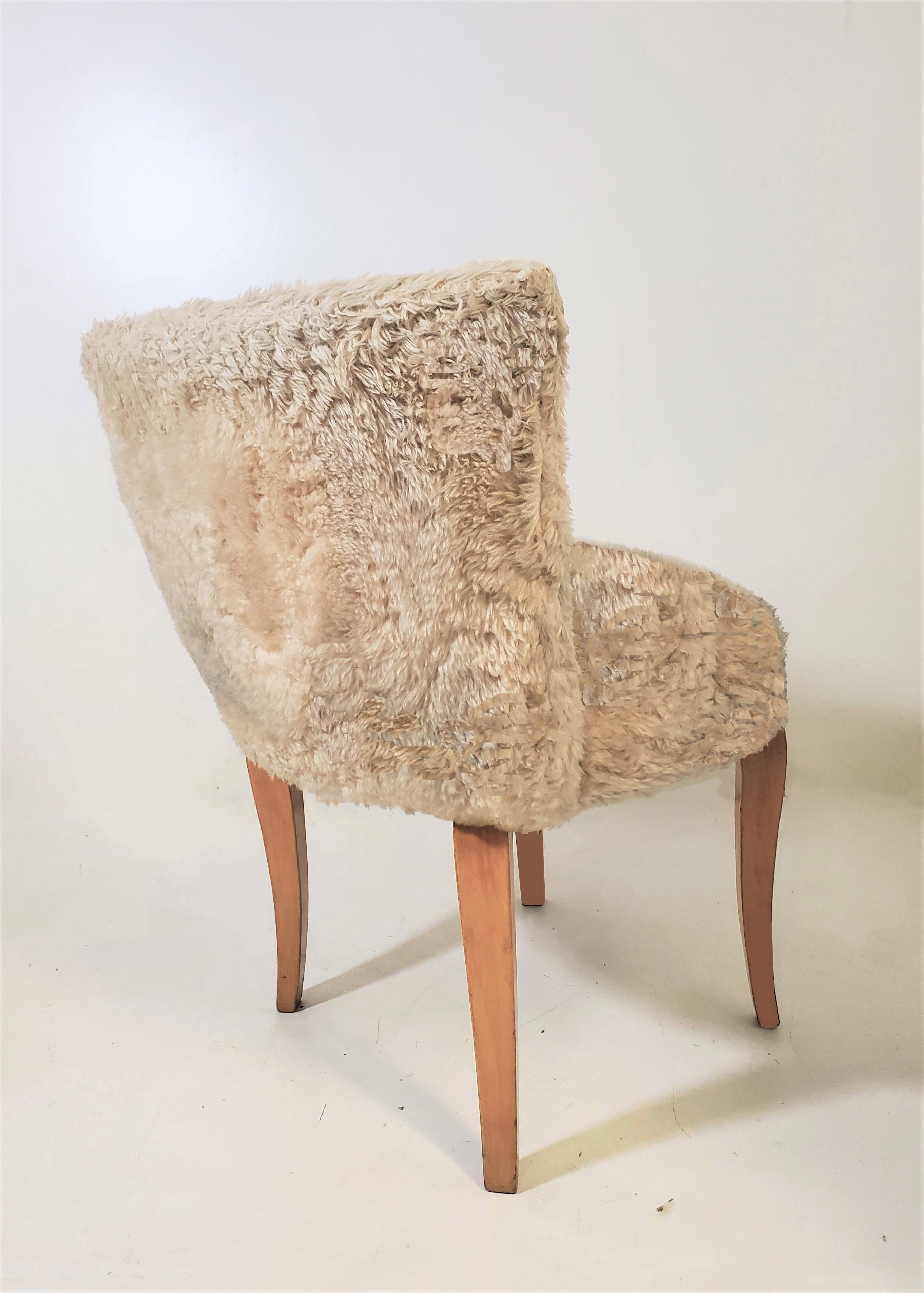 20th Century Pair of Small French 1940s Faux Fur Upholstered Slipper Chairs/ Poufs /Stools