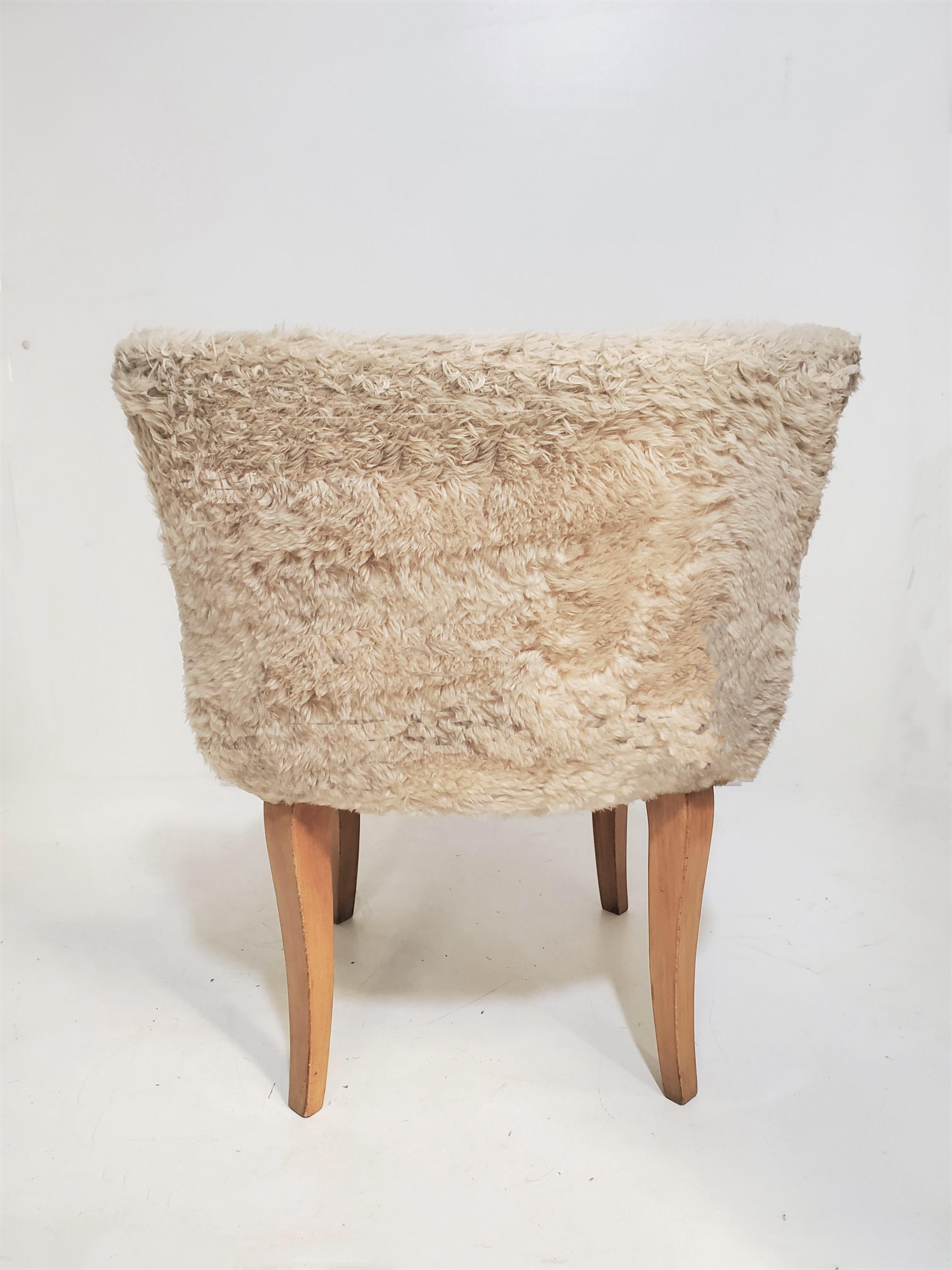 Pair of Small French 1940s Faux Fur Upholstered Slipper Chairs/ Poufs /Stools 1