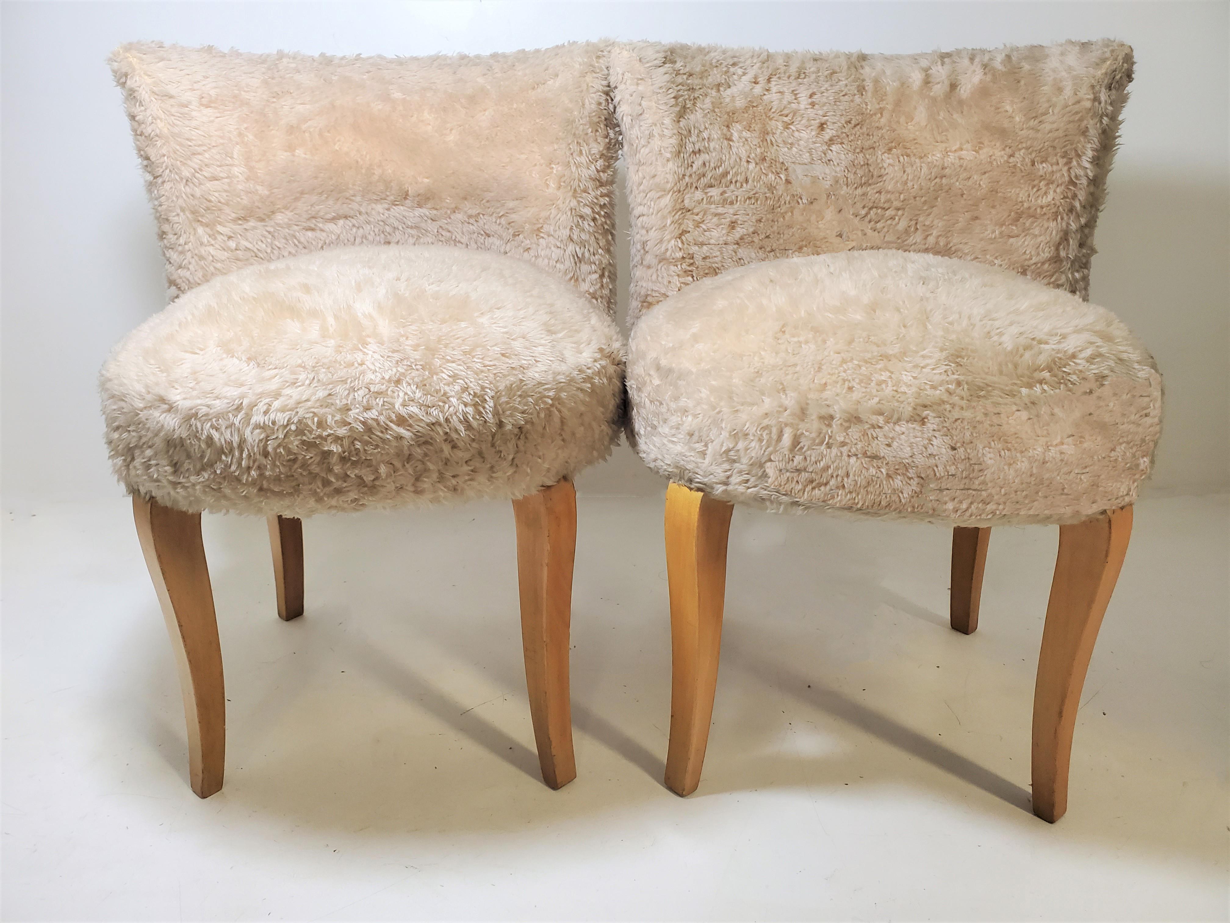 Pair of Small French 1940s Faux Fur Upholstered Slipper Chairs/ Poufs /Stools 2