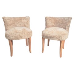 Pair of Small French 1940s Faux Fur Upholstered Slipper Chairs/ Poufs /Stools