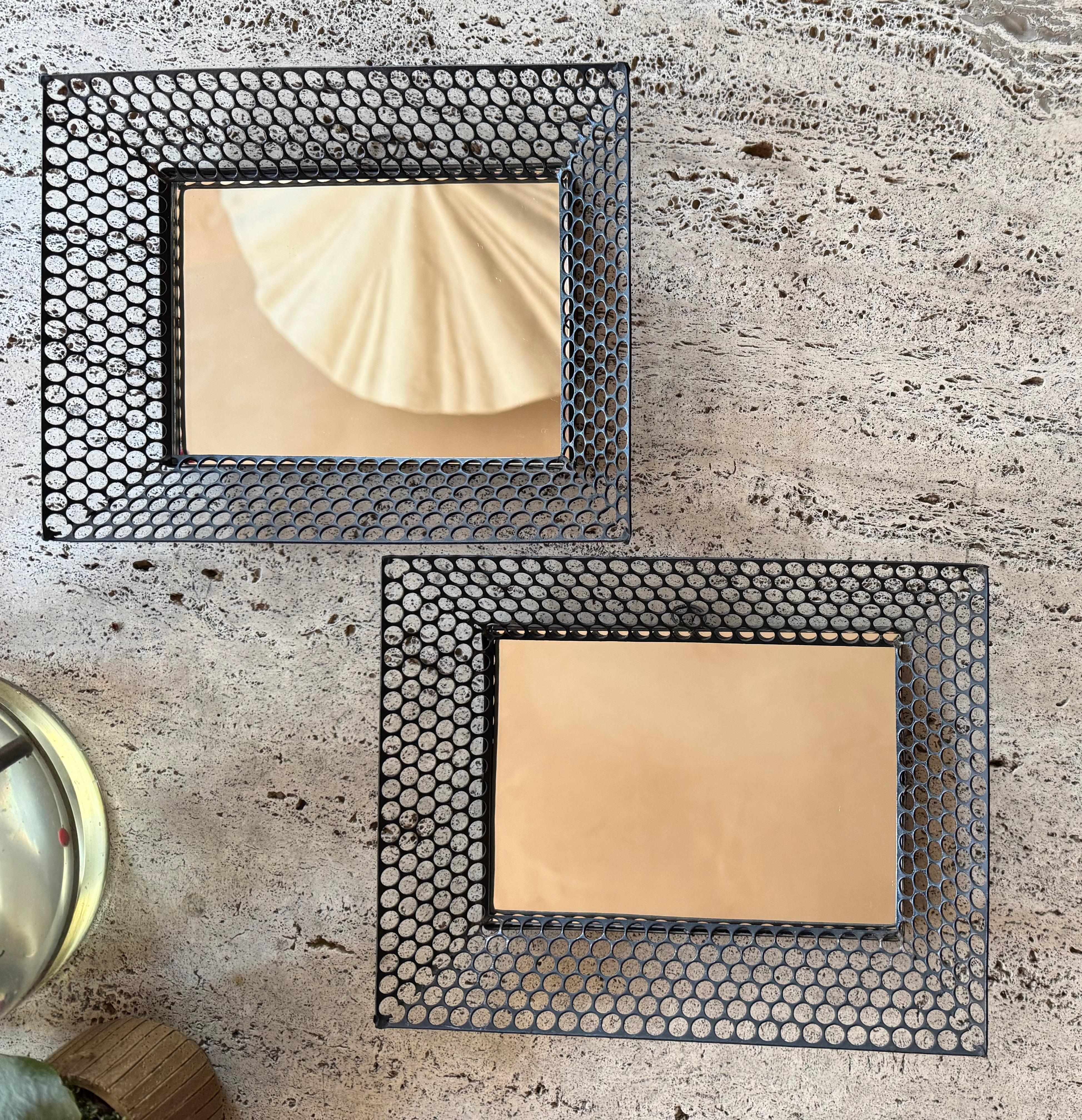 Mid-Century Modern Pair of small French 1950’s pierced metal framed mirrors For Sale