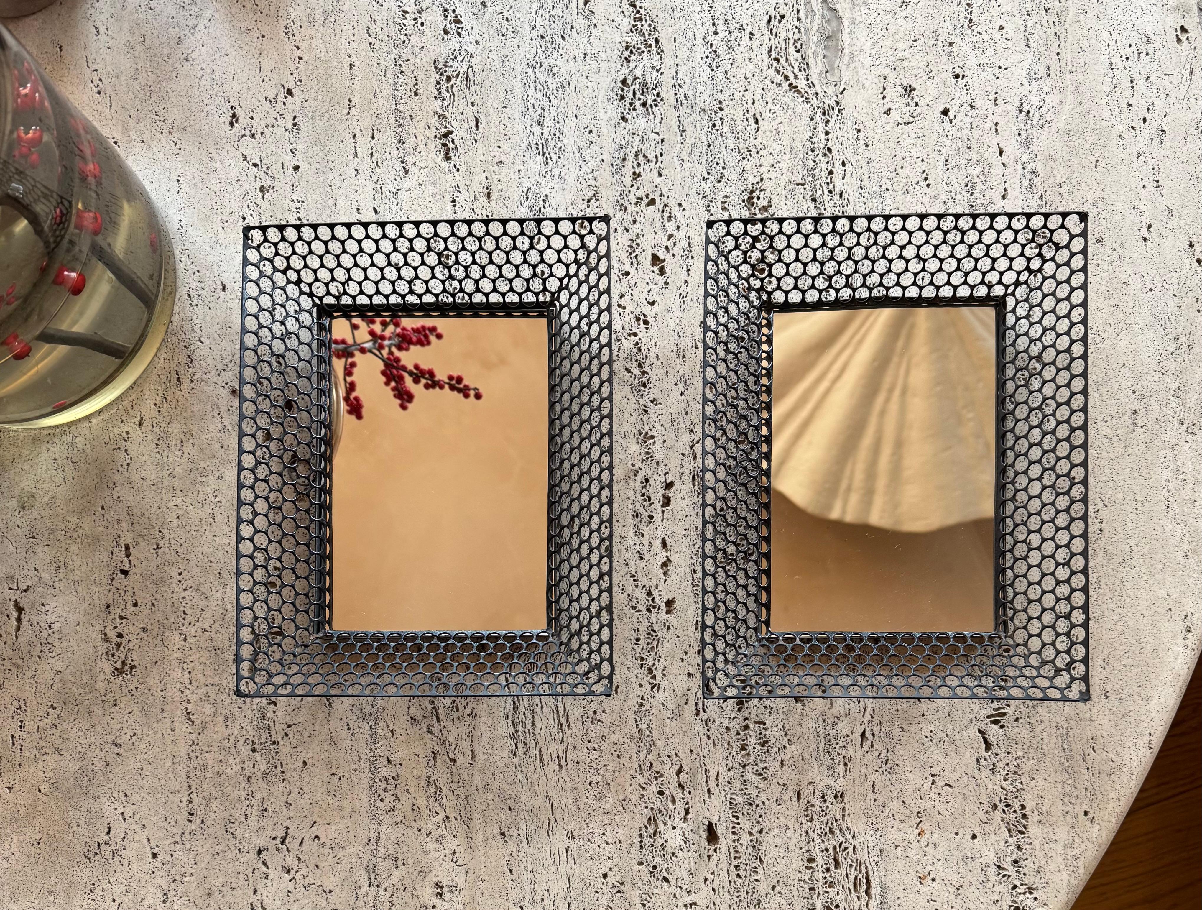 Metal Pair of small French 1950’s pierced metal framed mirrors For Sale