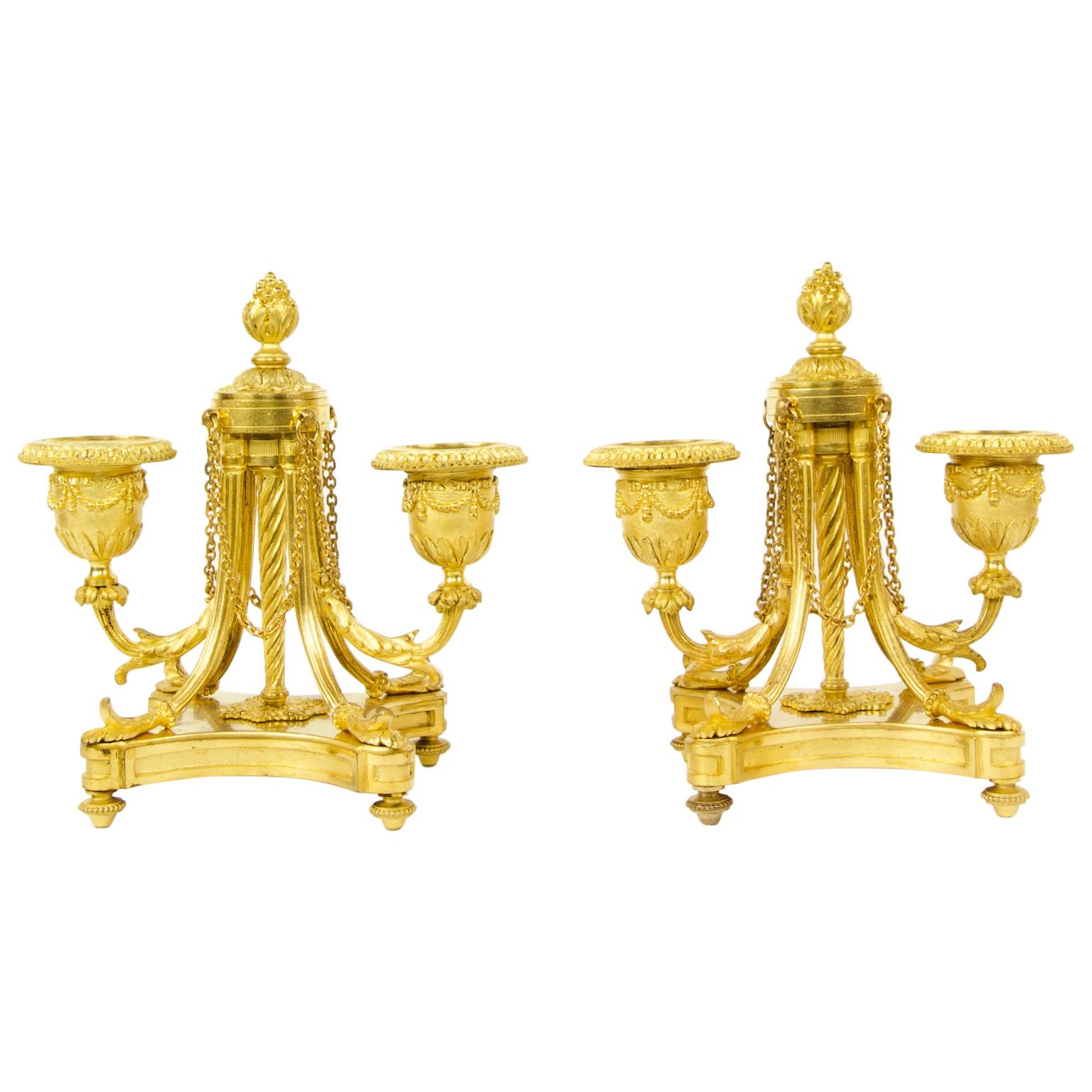 Pair of Small French 19th Century Louis XVI Gilt Bronze Two-Light Candelabra For Sale