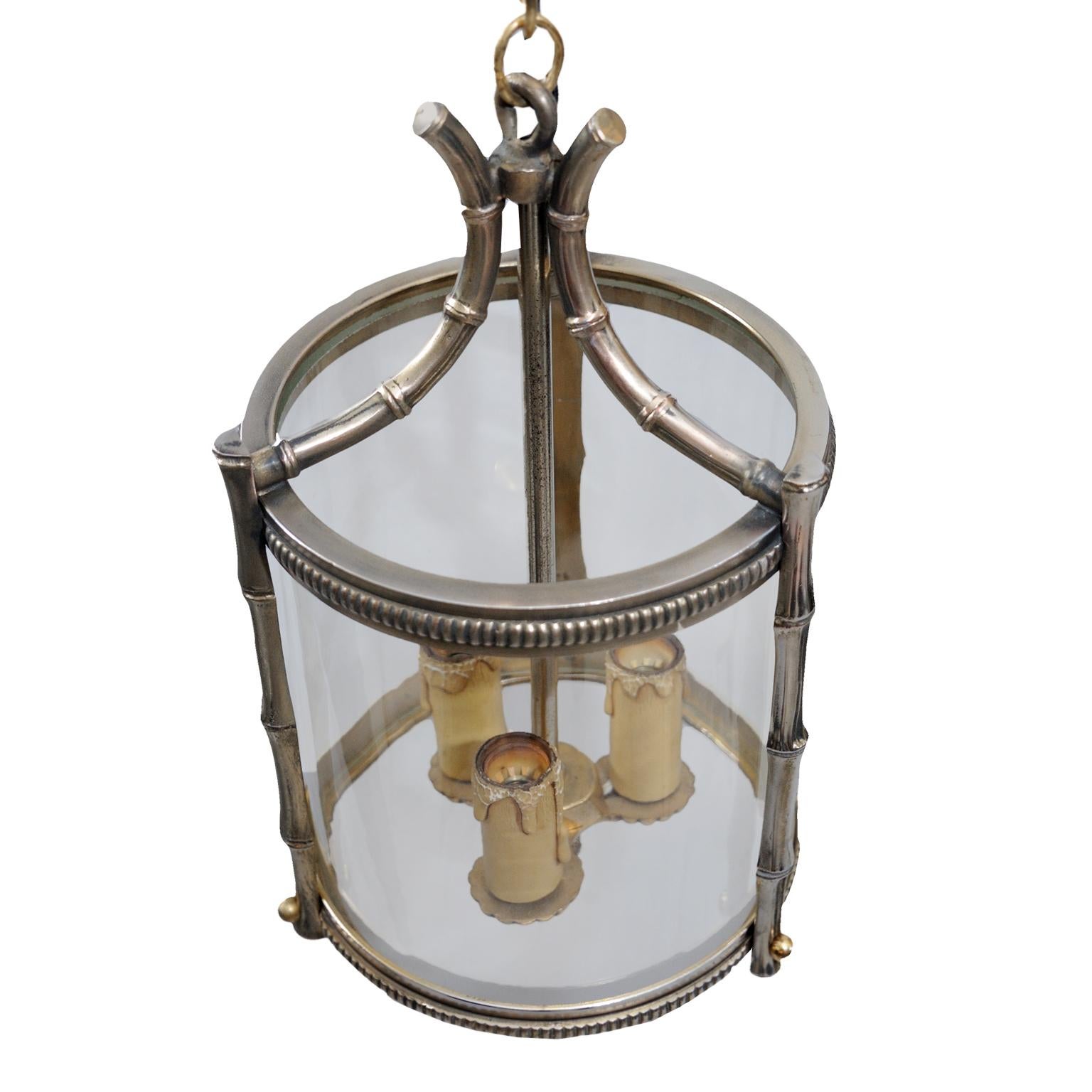 Silvered Pair of Small French Faux Bamboo Hanging Lanterns, circa 1890 For Sale