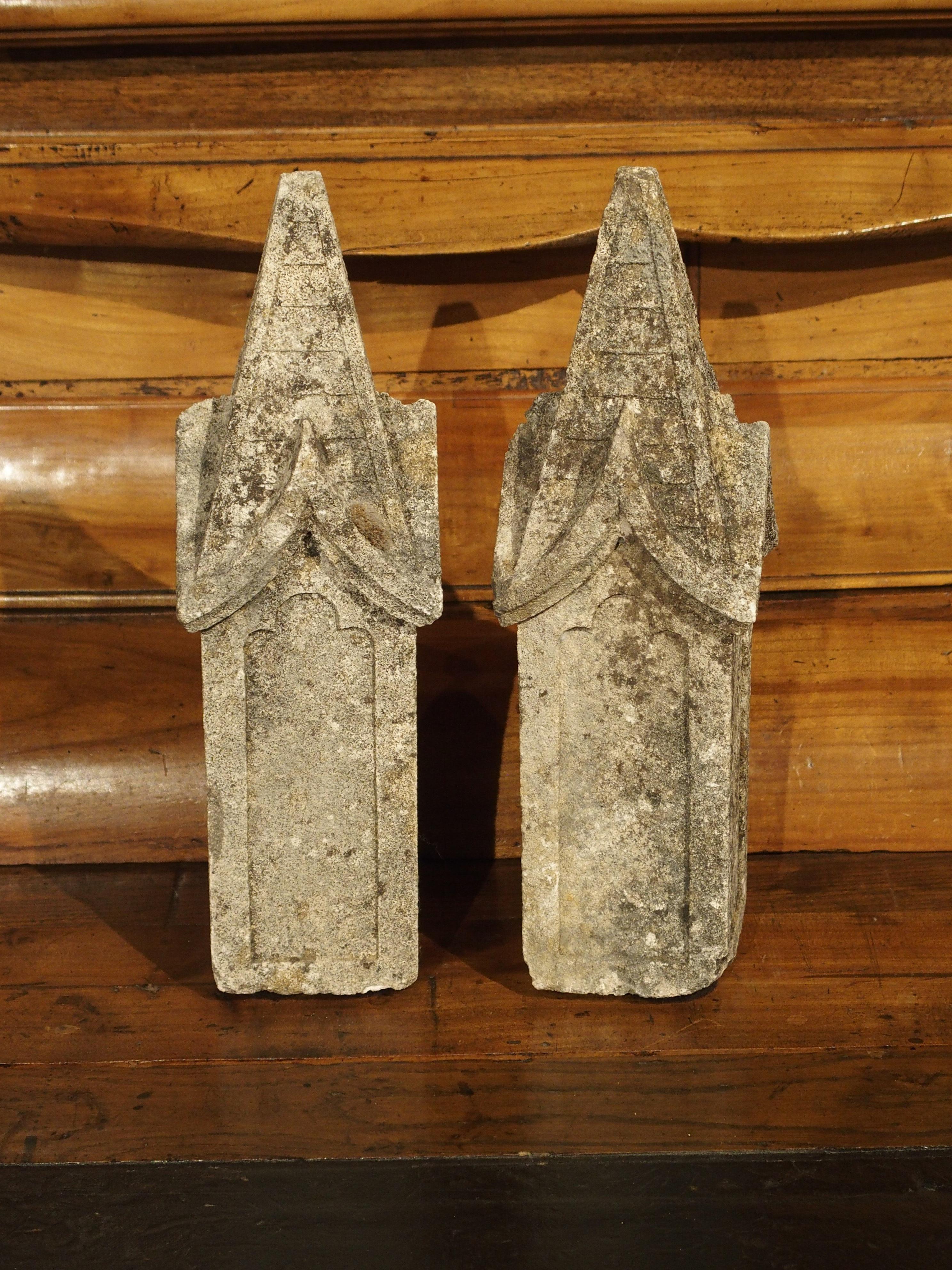 Hand-Carved Pair of Small French Gothic Style Limestone Finials
