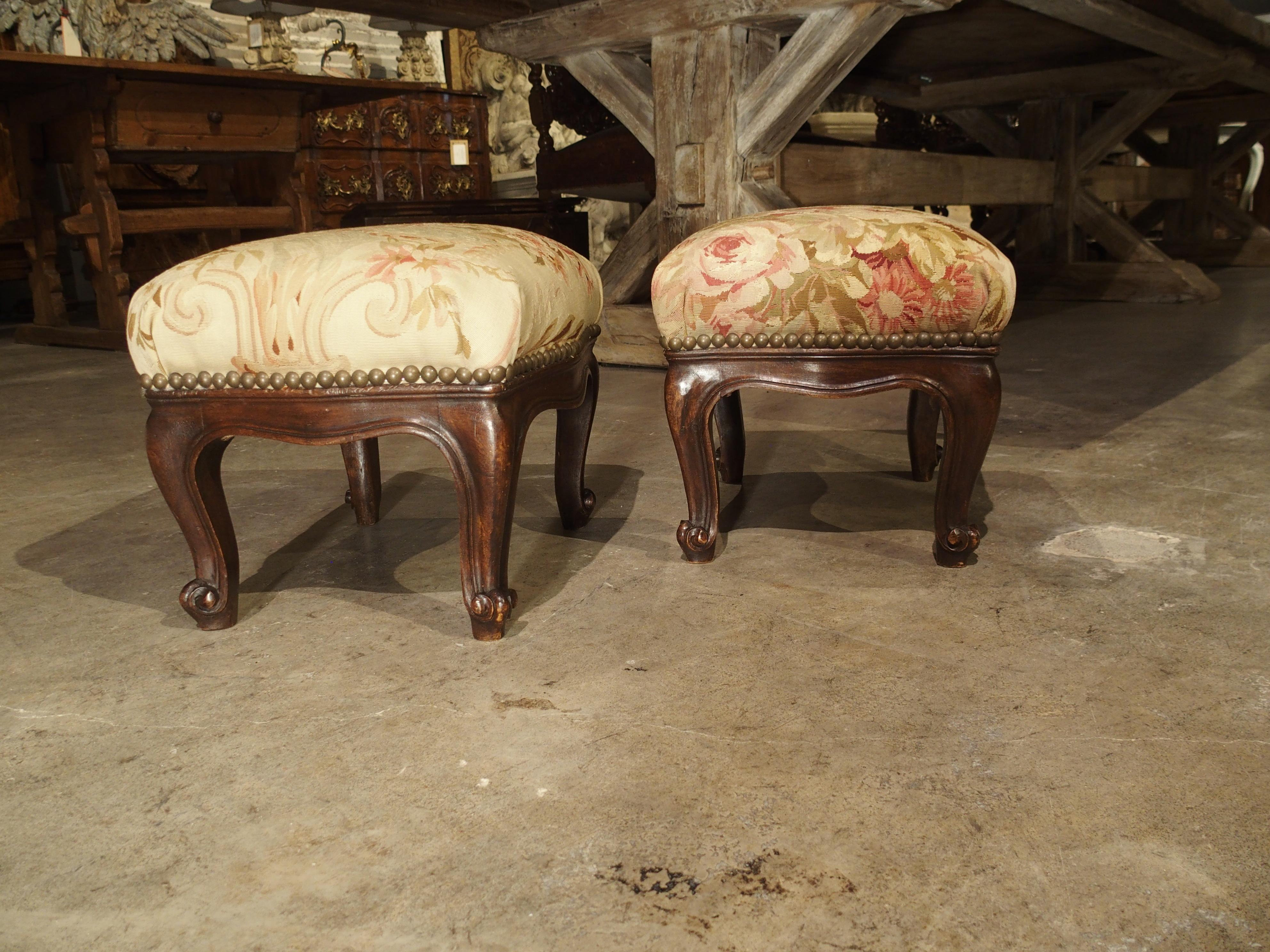 Pair of Small French Louis XV Style Footstools with Antique Aubusson Silk Fabric 4