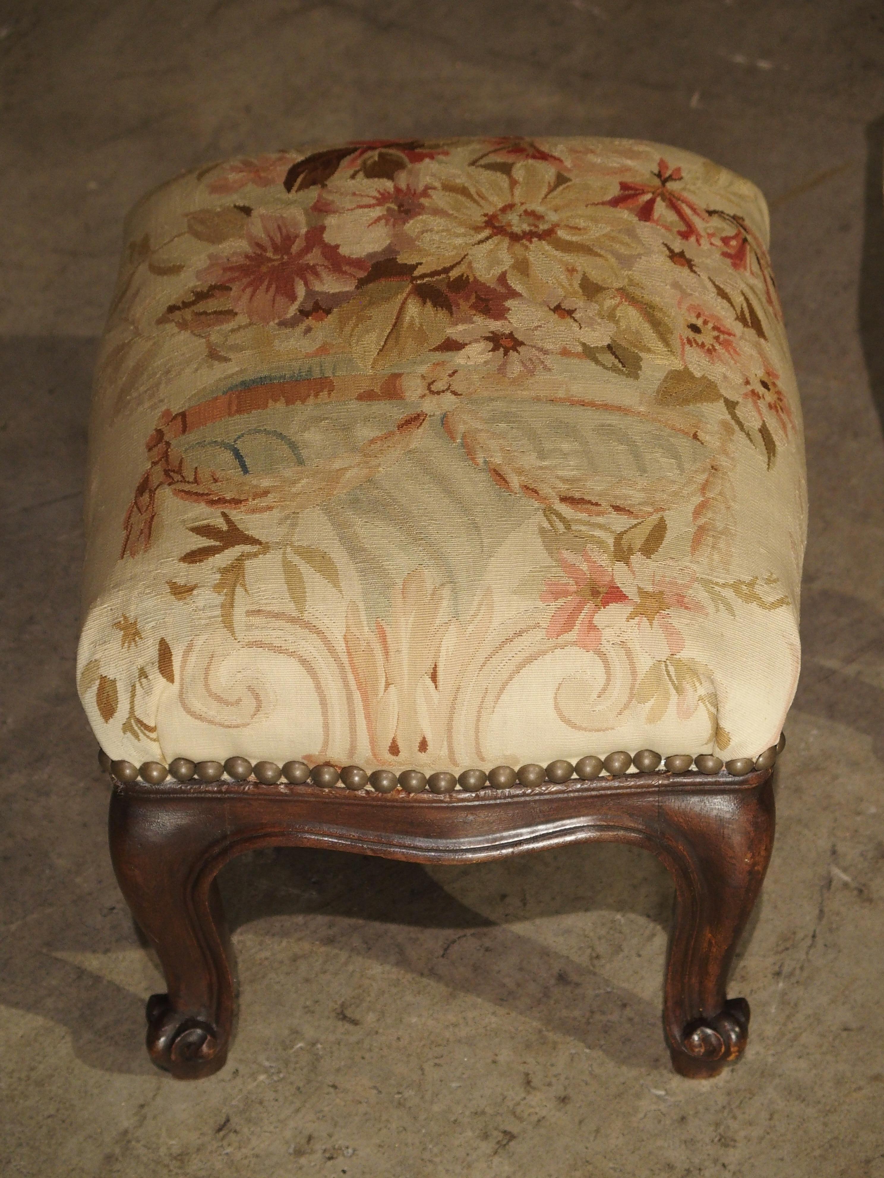 Pair of Small French Louis XV Style Footstools with Antique Aubusson Silk Fabric 5