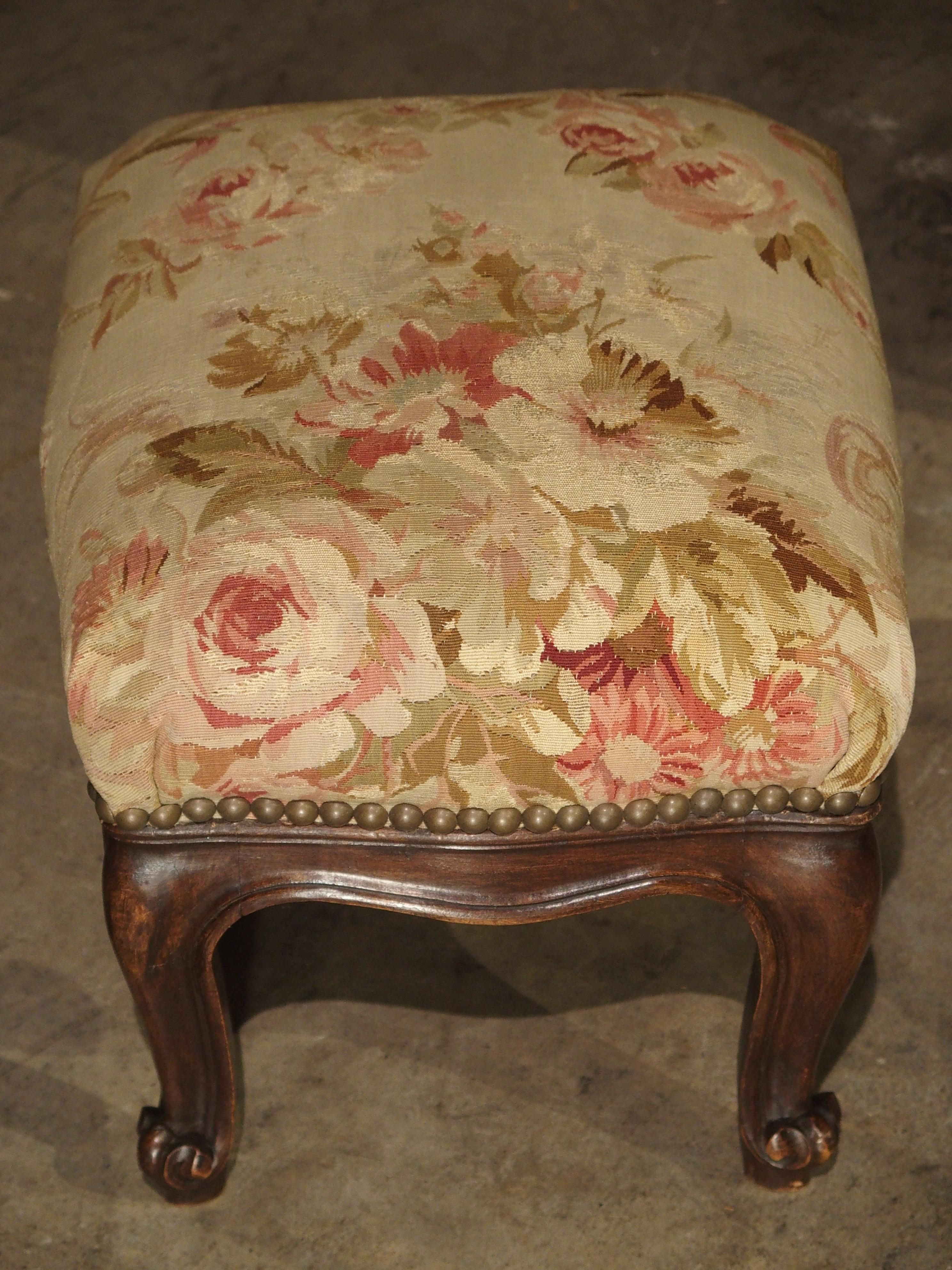 Pair of Small French Louis XV Style Footstools with Antique Aubusson Silk Fabric 6