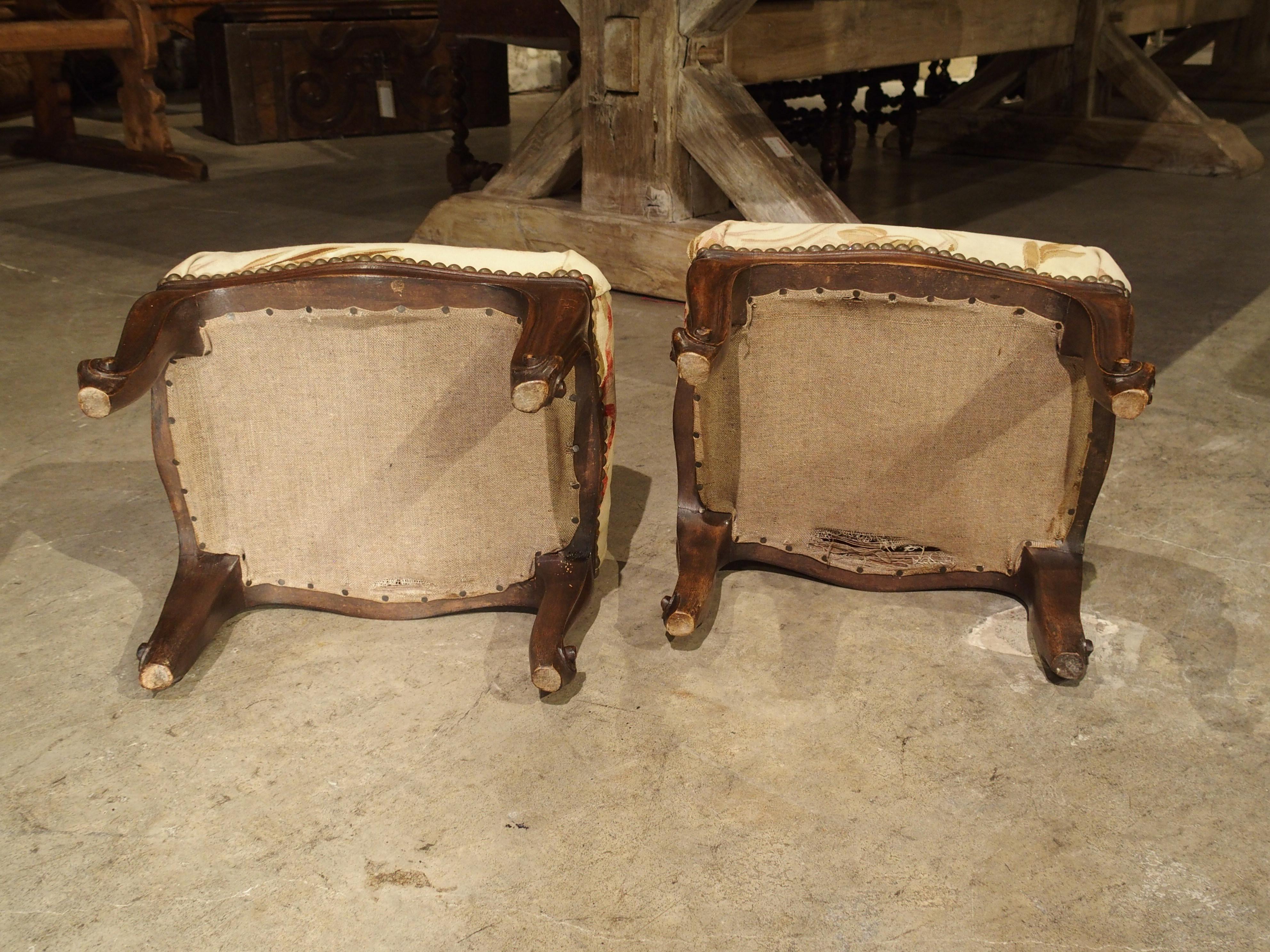 Pair of Small French Louis XV Style Footstools with Antique Aubusson Silk Fabric 7