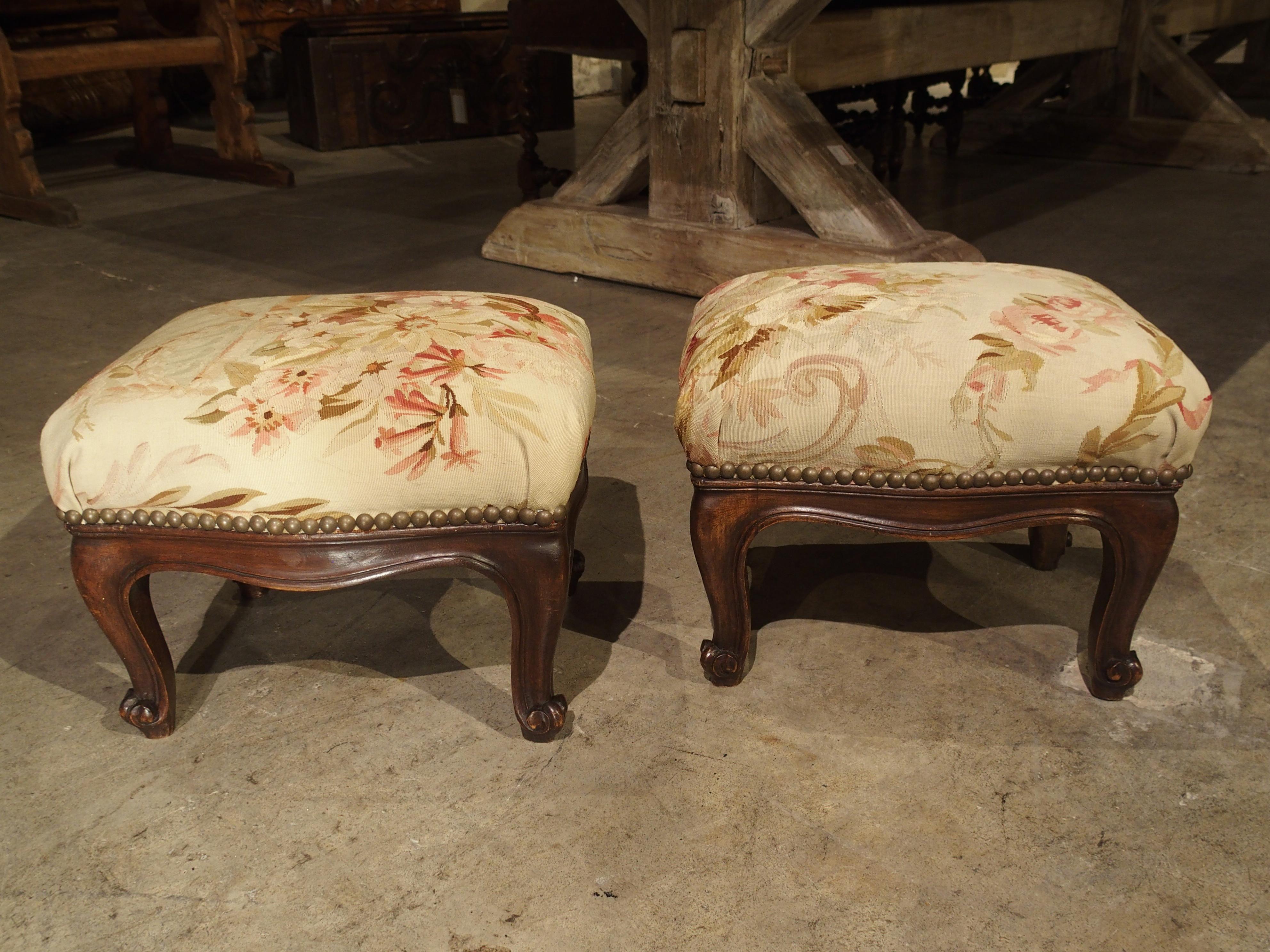 Pair of Small French Louis XV Style Footstools with Antique Aubusson Silk Fabric 8