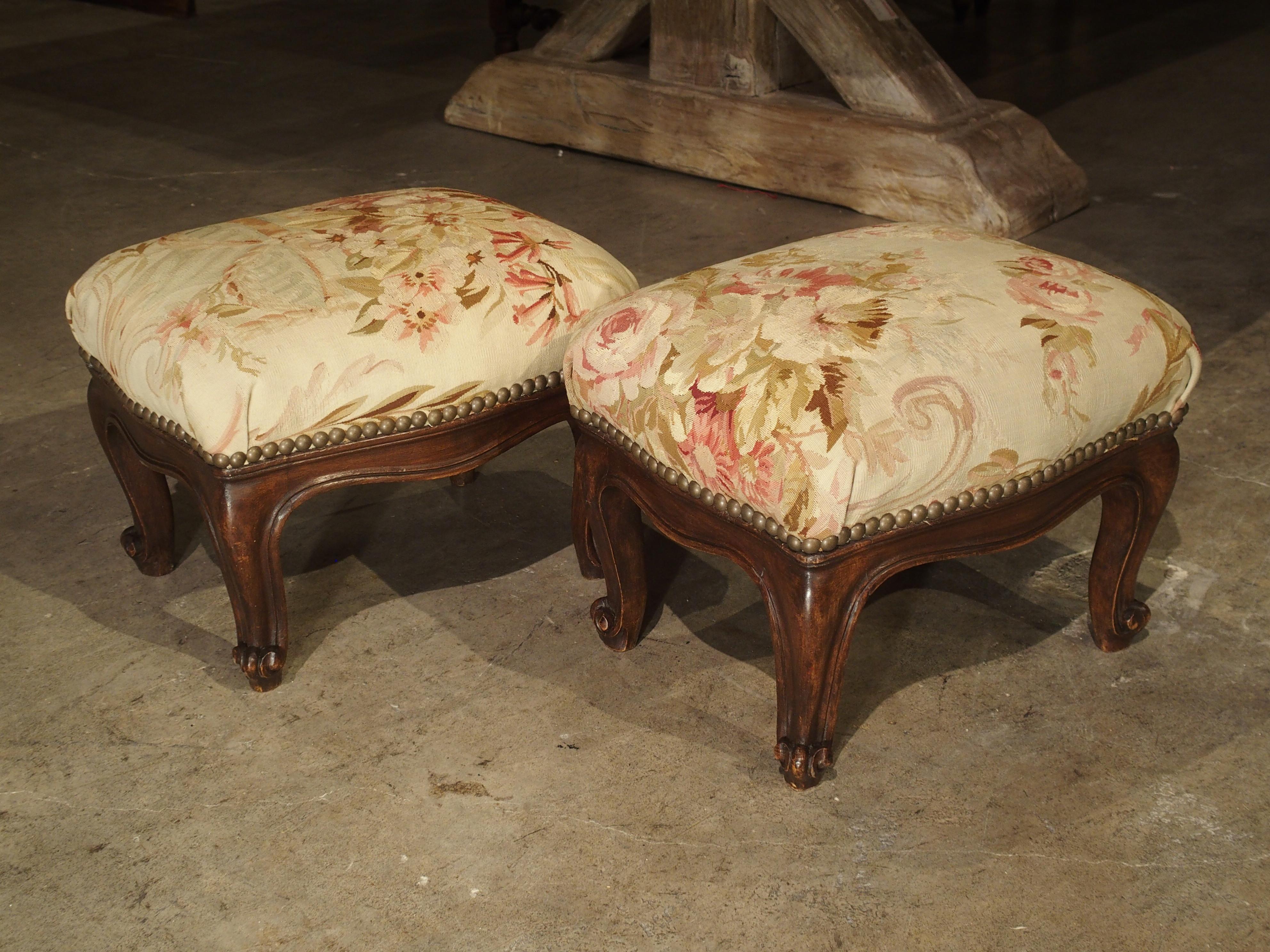 Pair of Small French Louis XV Style Footstools with Antique Aubusson Silk Fabric 11
