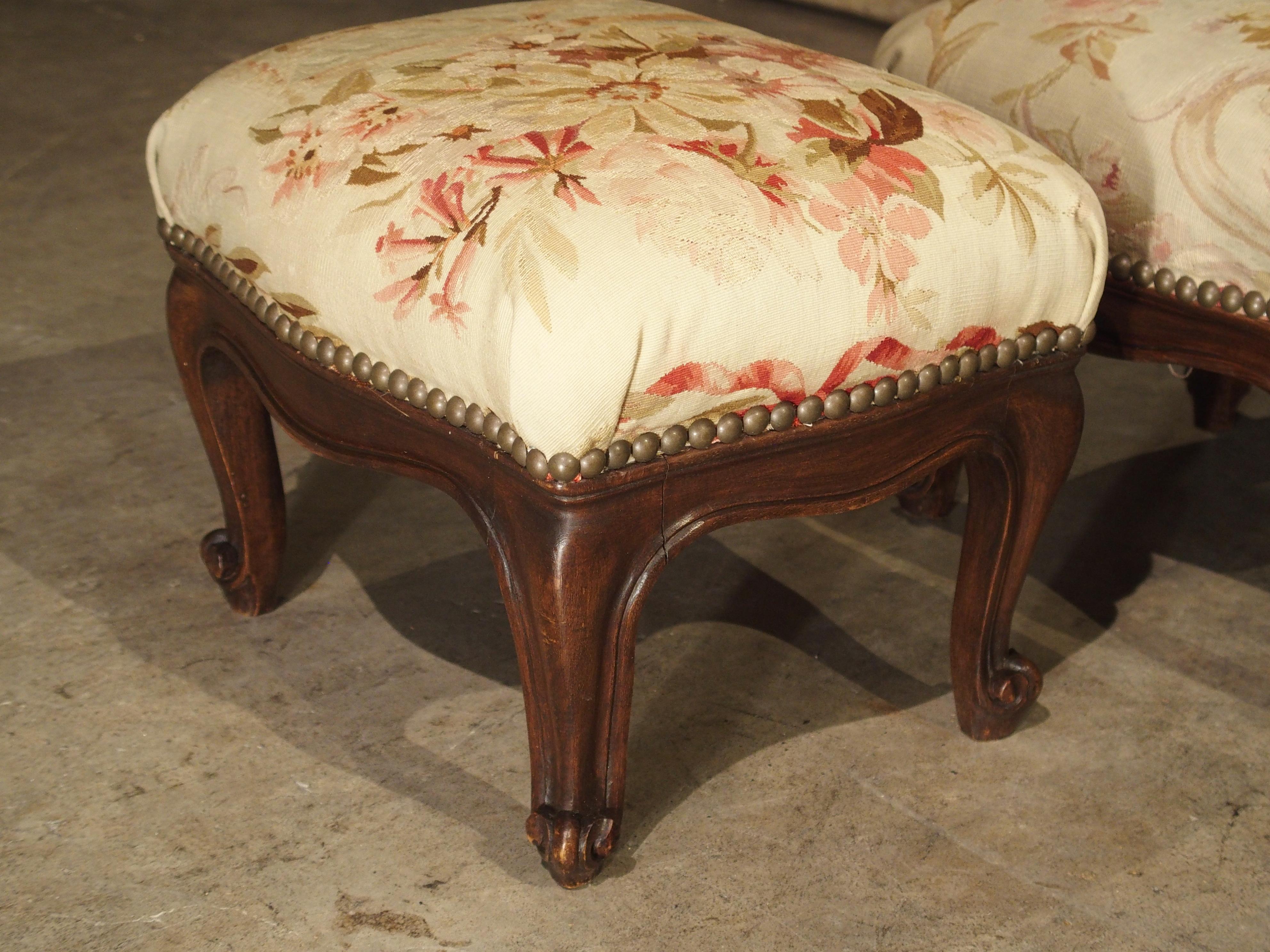 Hand-Woven Pair of Small French Louis XV Style Footstools with Antique Aubusson Silk Fabric