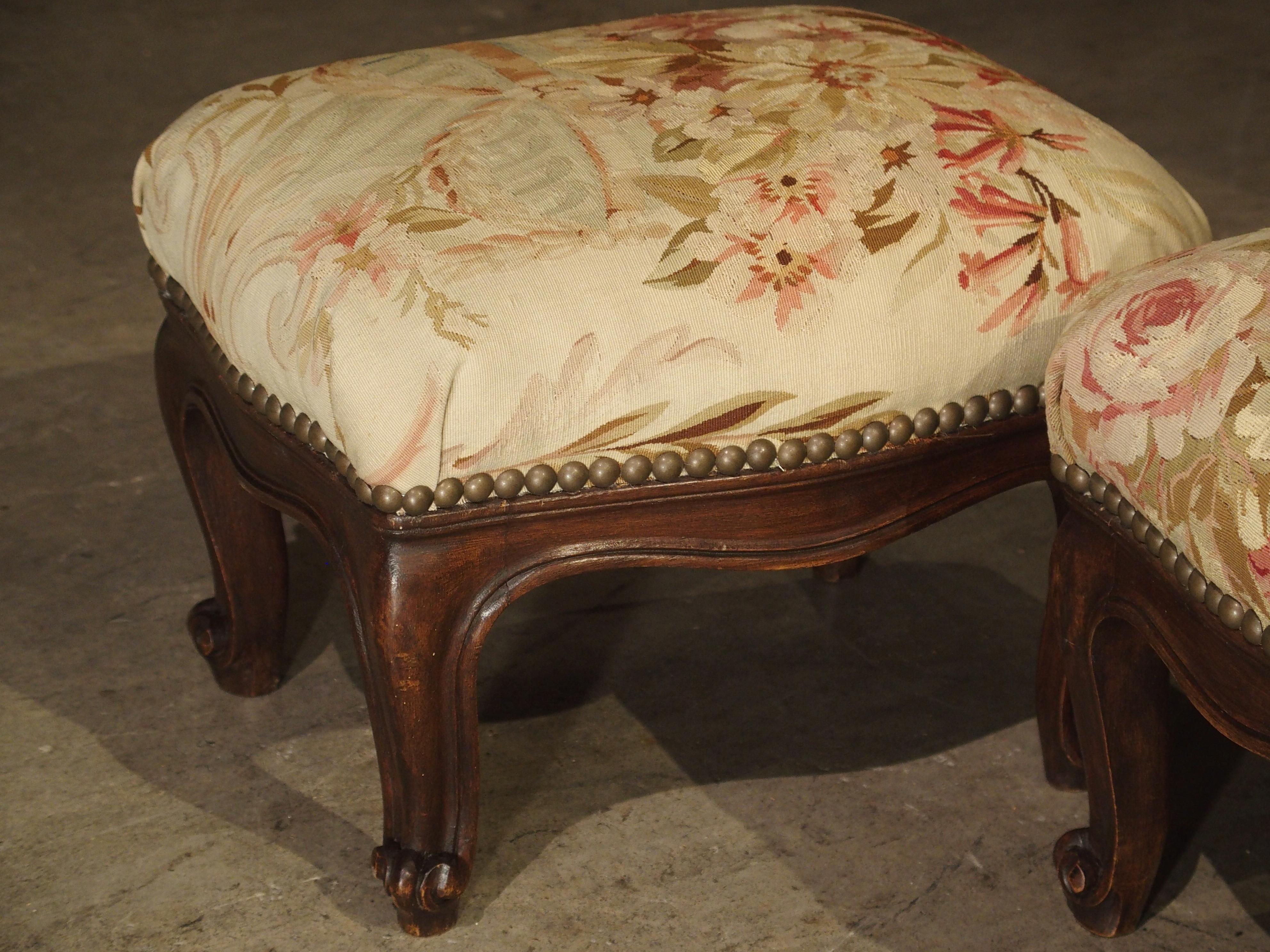20th Century Pair of Small French Louis XV Style Footstools with Antique Aubusson Silk Fabric