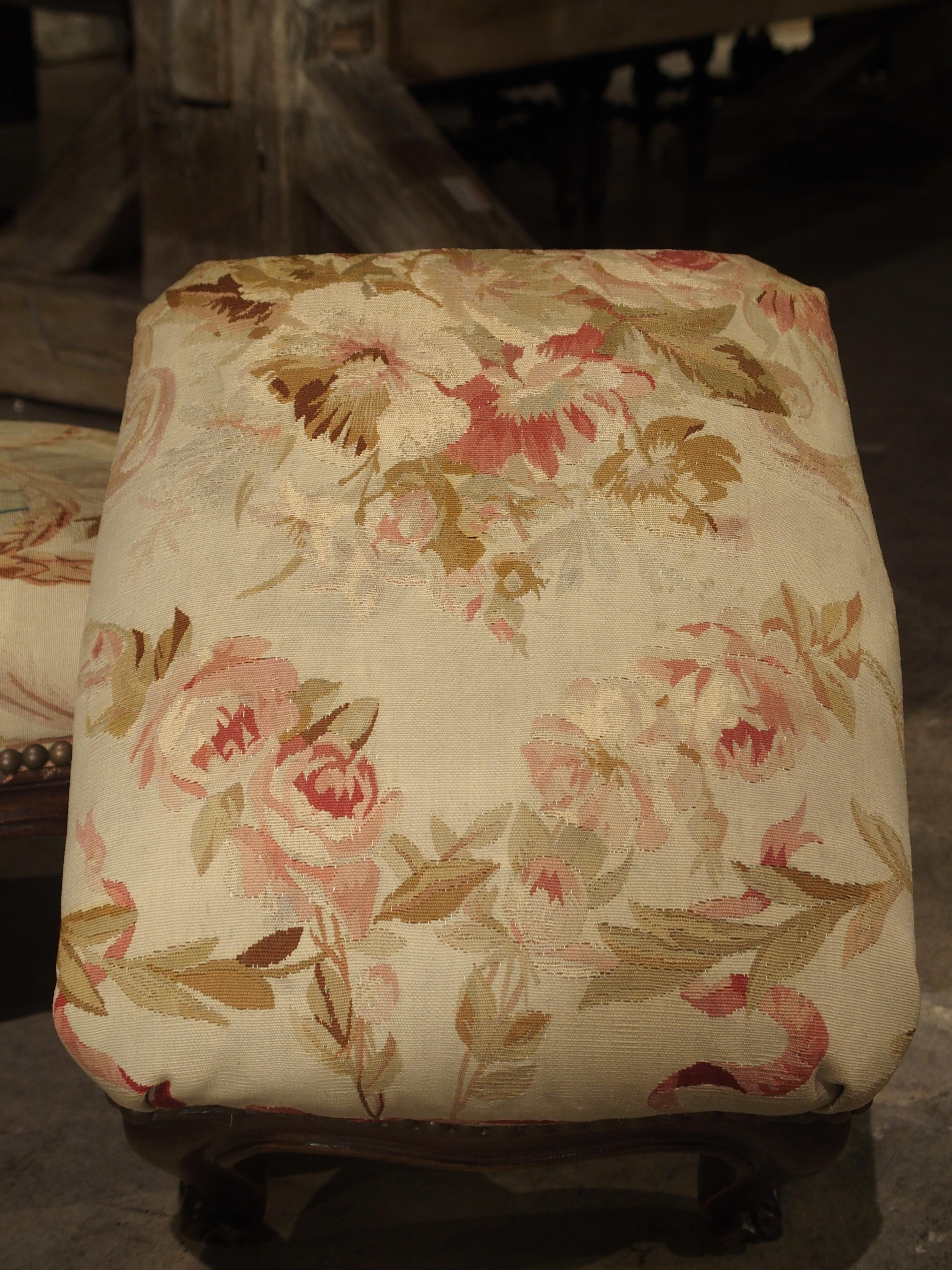 Brass Pair of Small French Louis XV Style Footstools with Antique Aubusson Silk Fabric