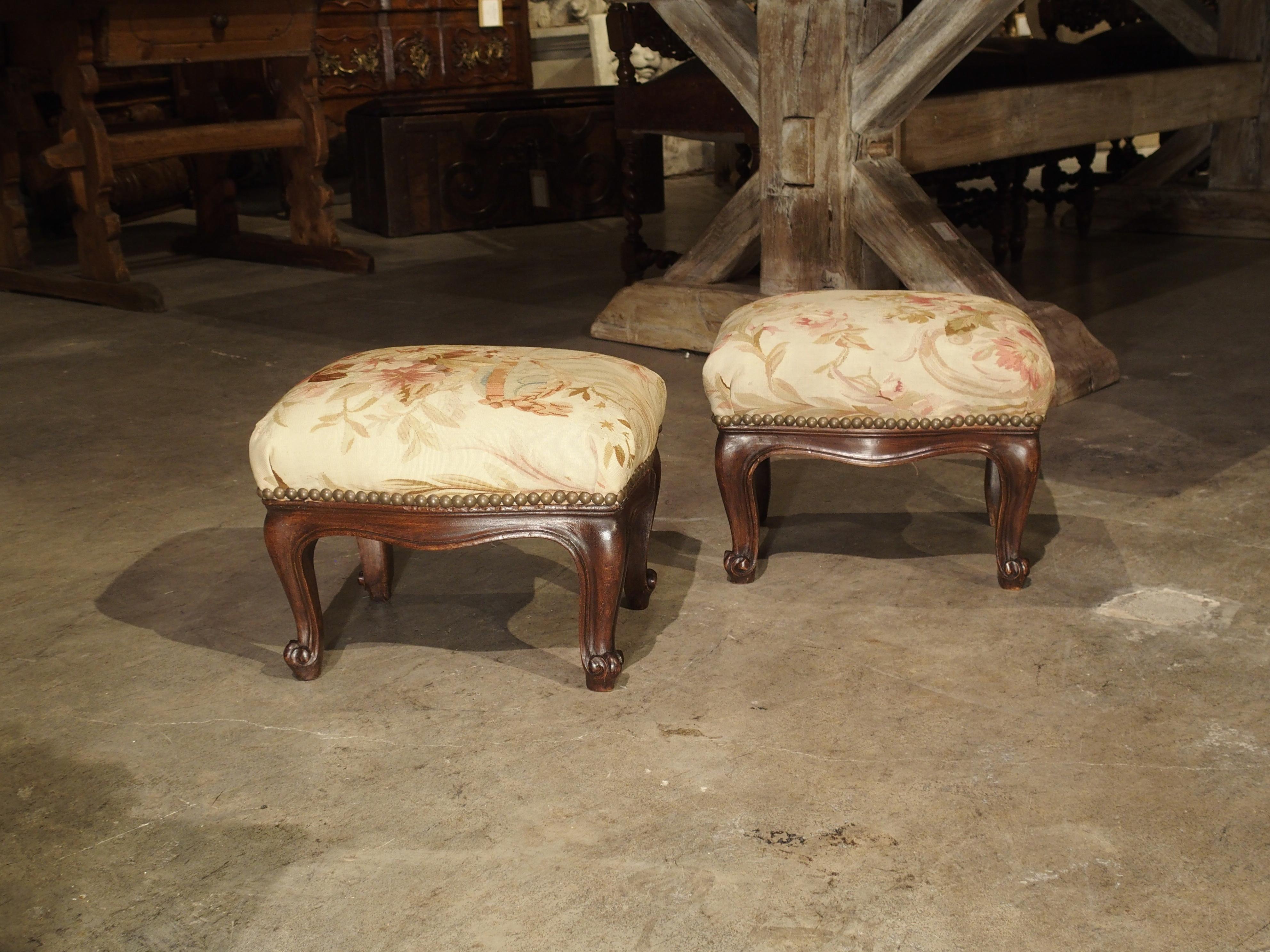 Pair of Small French Louis XV Style Footstools with Antique Aubusson Silk Fabric 1