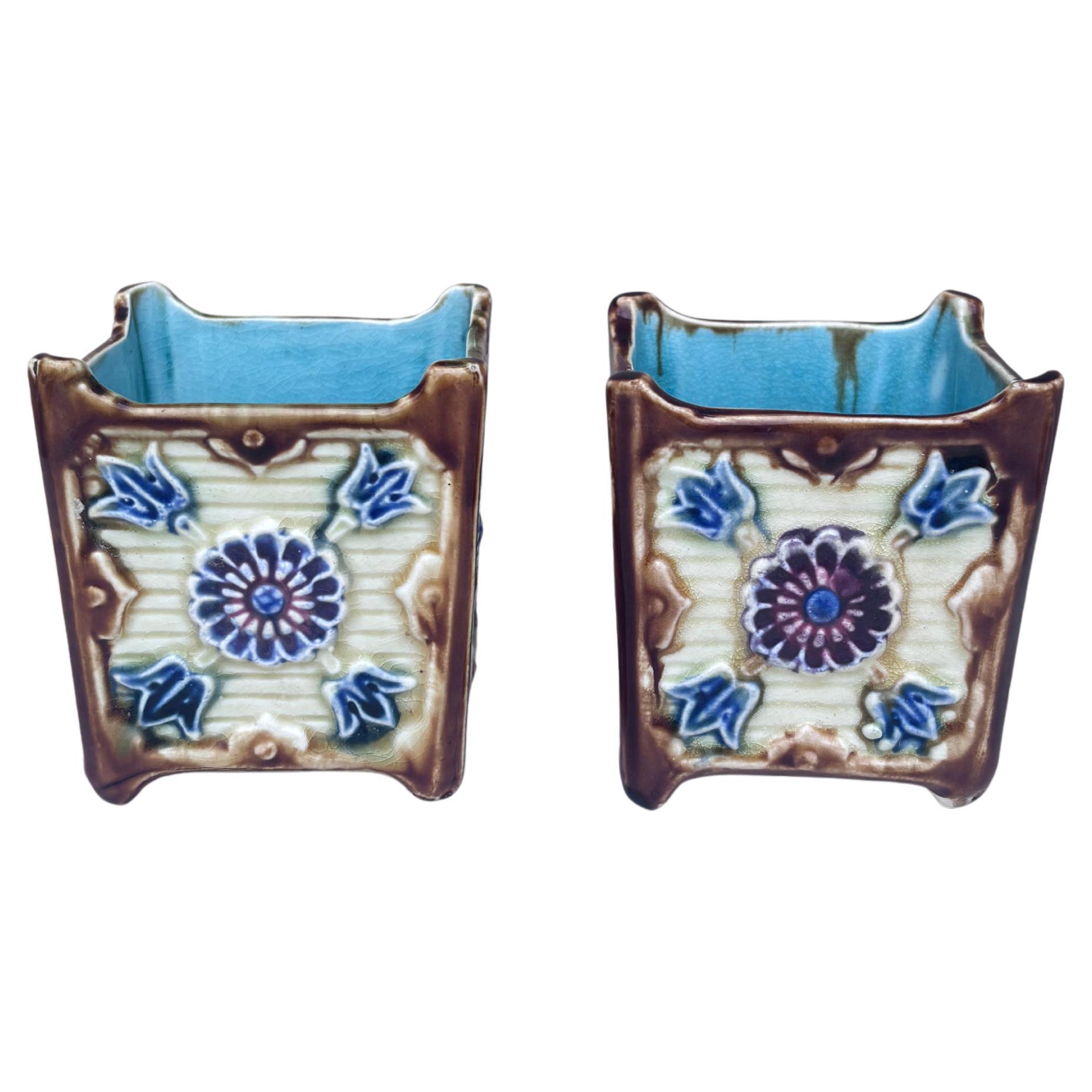 Pair of Small French Majolica Cache Pots circa 1890