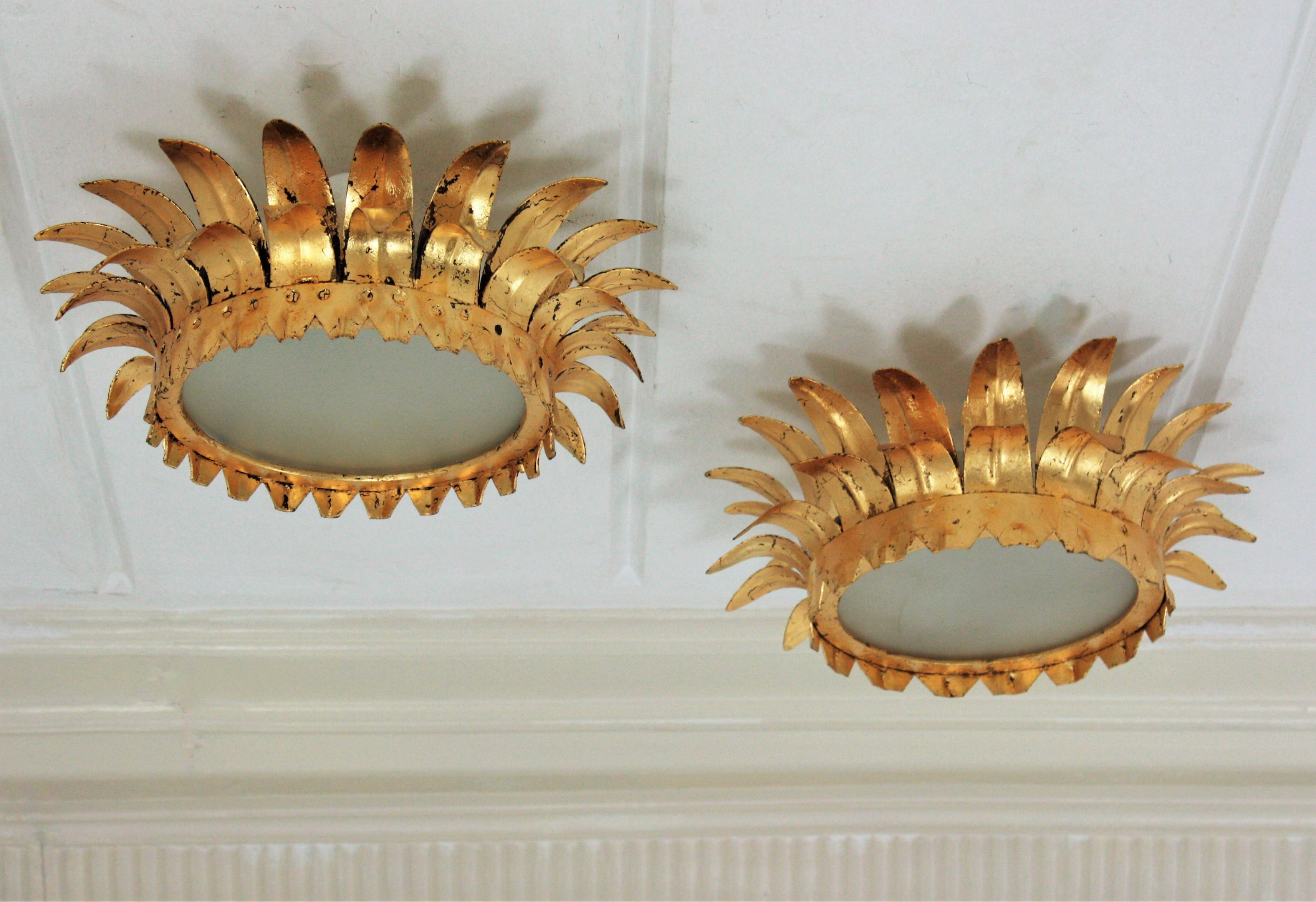 Frosted Pair of Small French Neoclassical Gilt Iron Crown Sunburst Light Fixtures For Sale