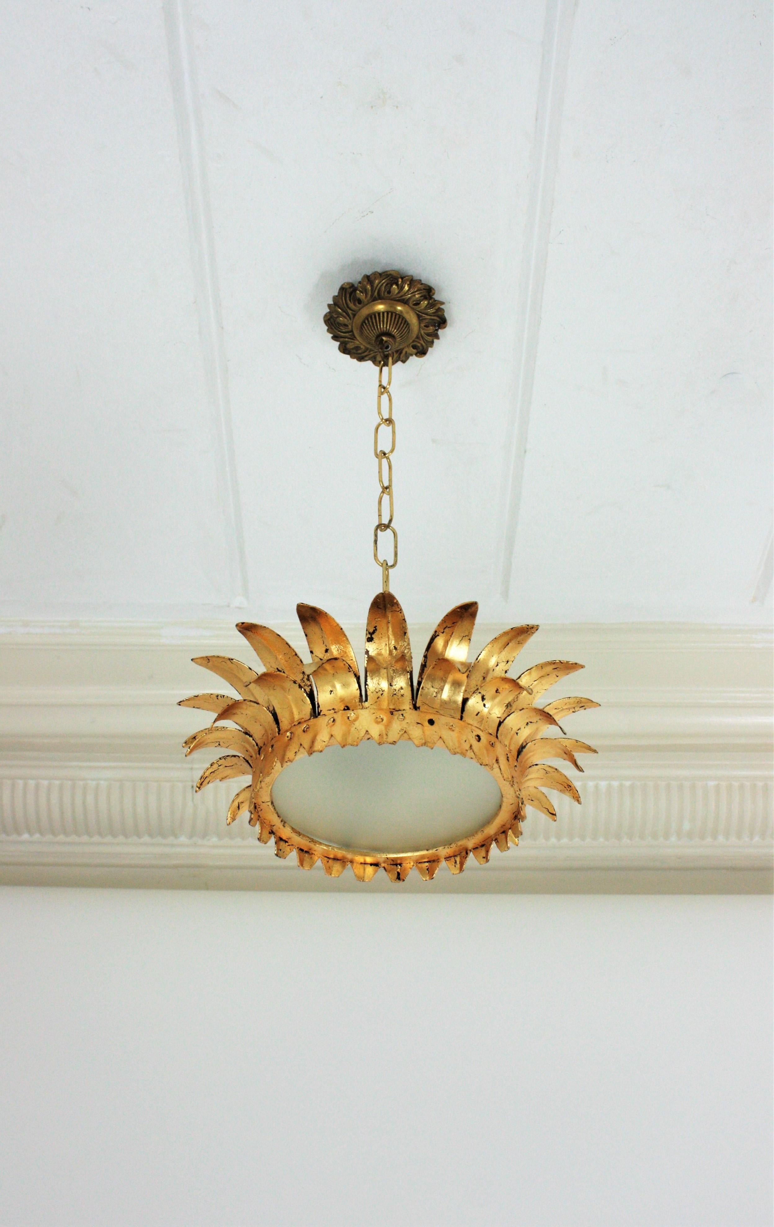 Pair of Small French Neoclassical Gilt Iron Crown Sunburst Light Fixtures For Sale 1