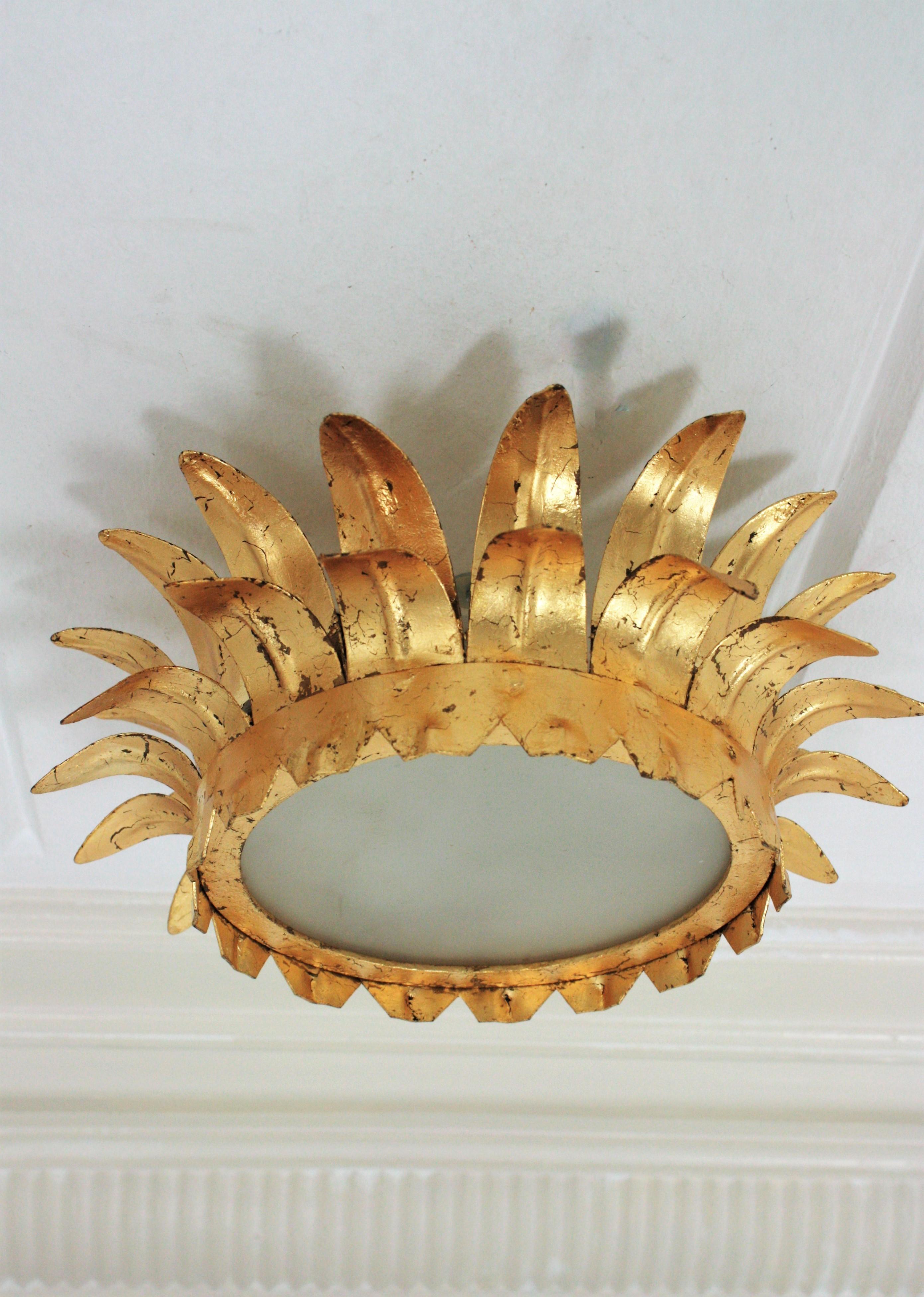 Pair of Small French Neoclassical Gilt Iron Crown Sunburst Light Fixtures For Sale 2