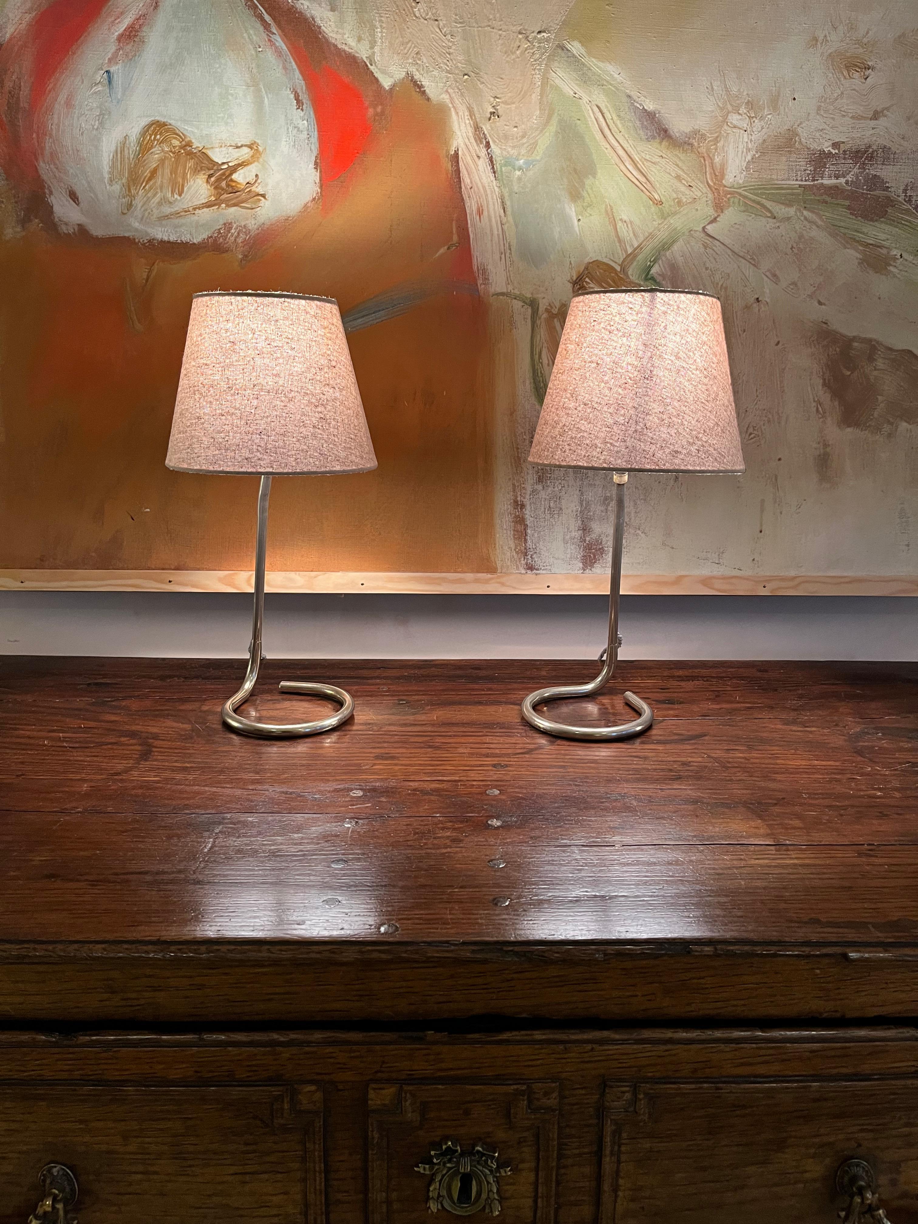 Mid-Century Modern Pair of small French Nickel table lamps