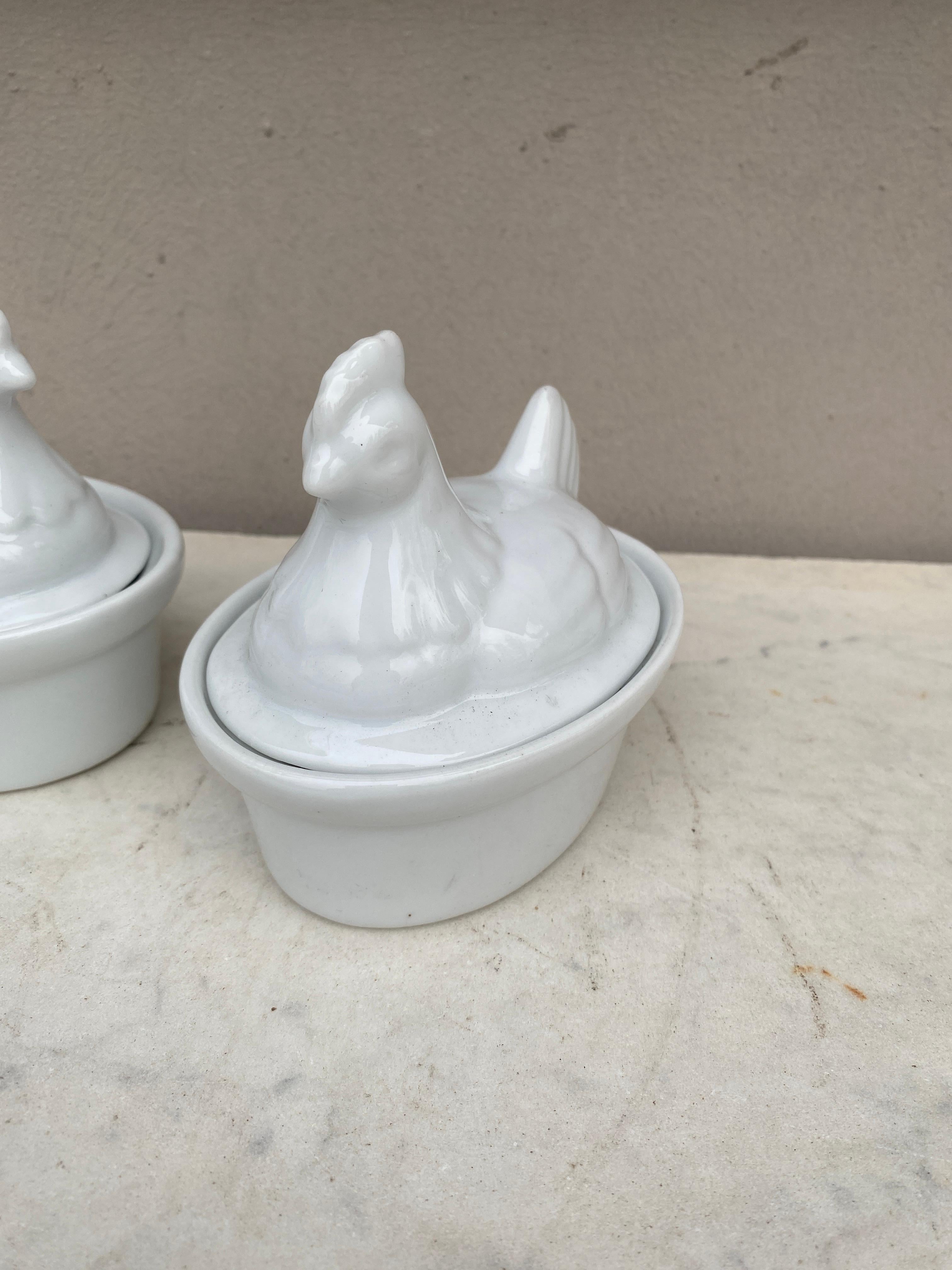 Pair of Small French White Porcelain hens Pâté Tureen.
