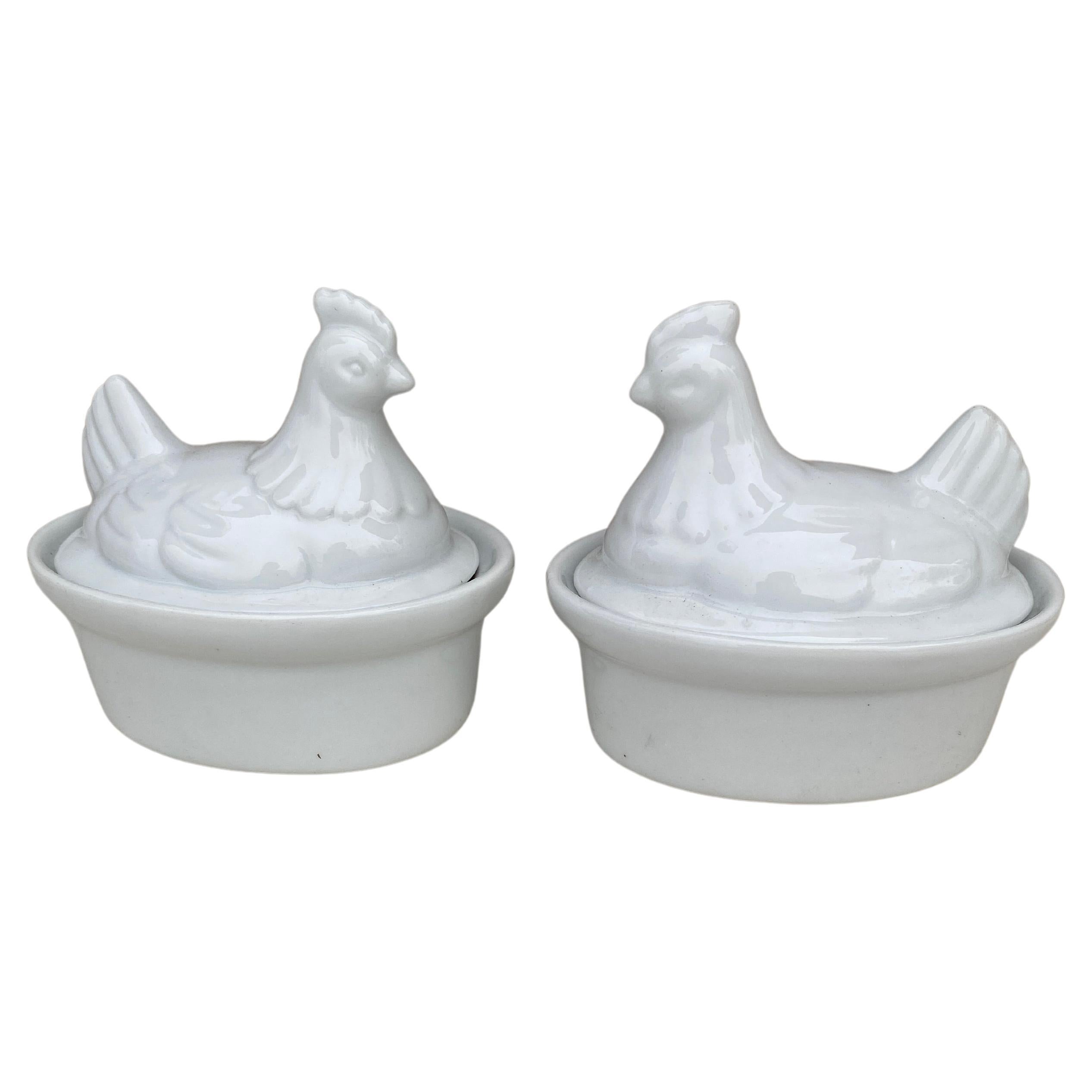 Pair of Small French White Porcelain Hen Pâté Tureen For Sale