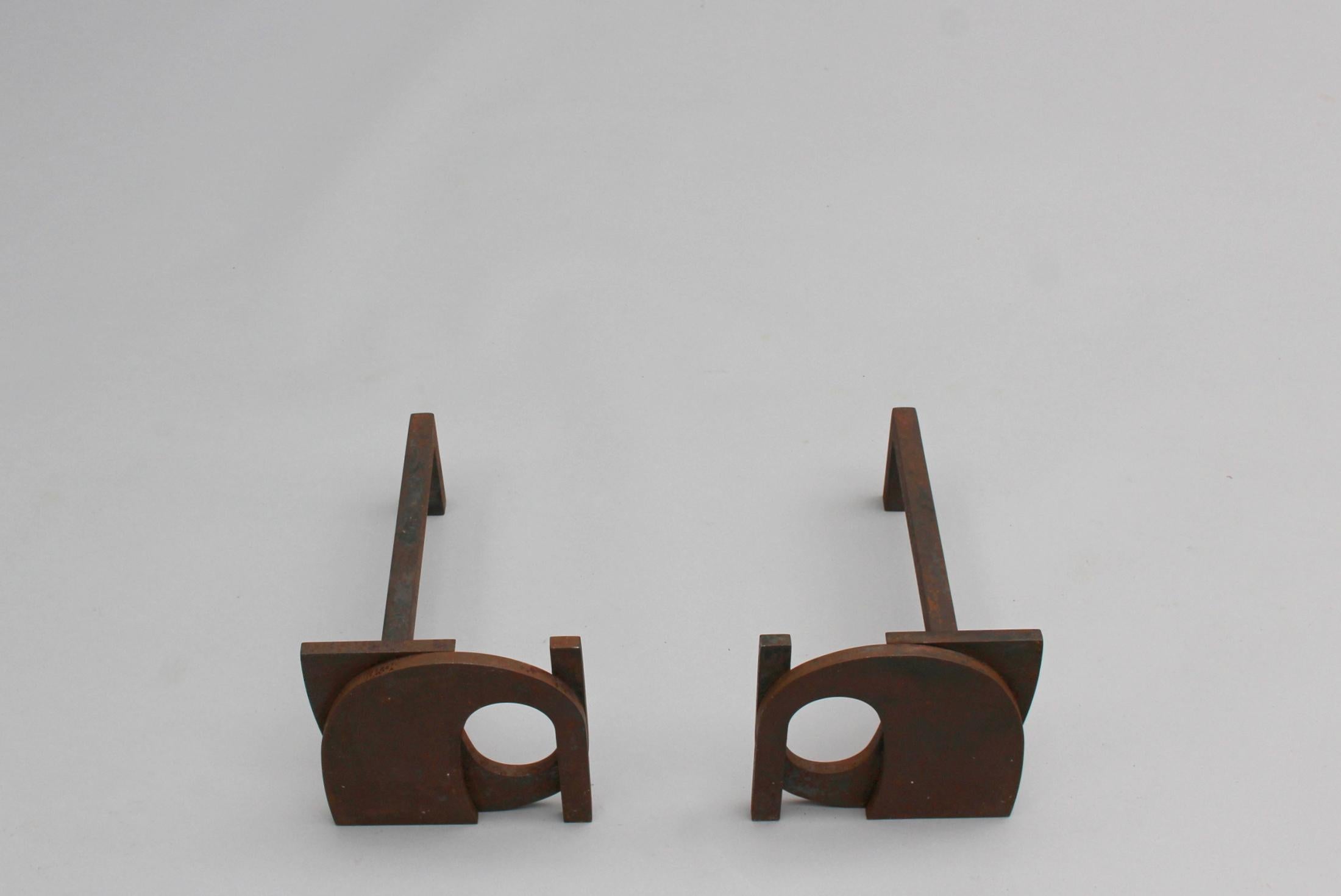 Mid-20th Century Pair of Small French Wrought Iron Modernist Andirons