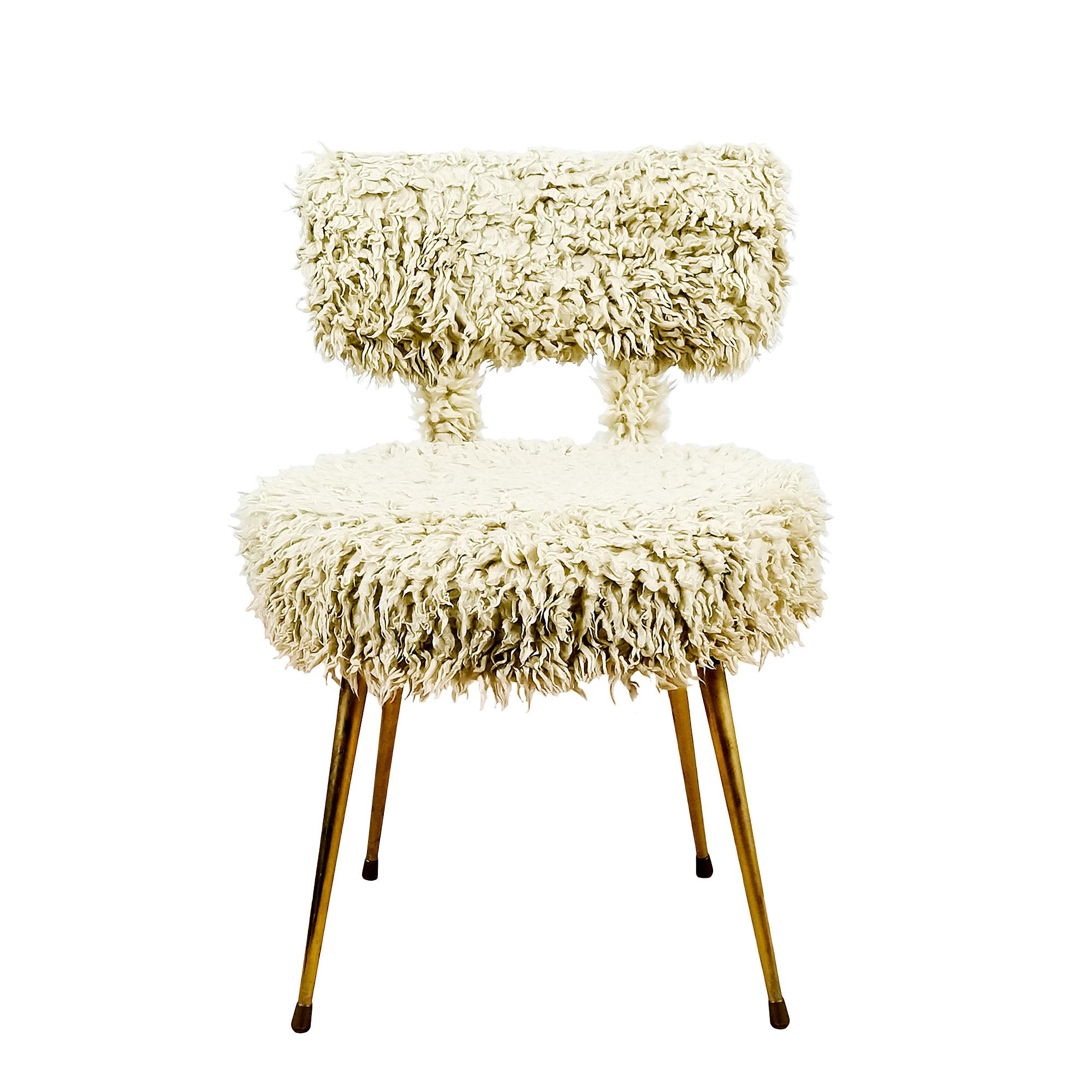 Pair of small furry chairs with polished brass legs, wooden seats and backs filled with foam (new), original synthetic covers.

France c. 1960.
