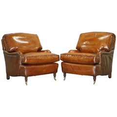 Pair of Small George Smith Signature Brown Leather Club Armchairs
