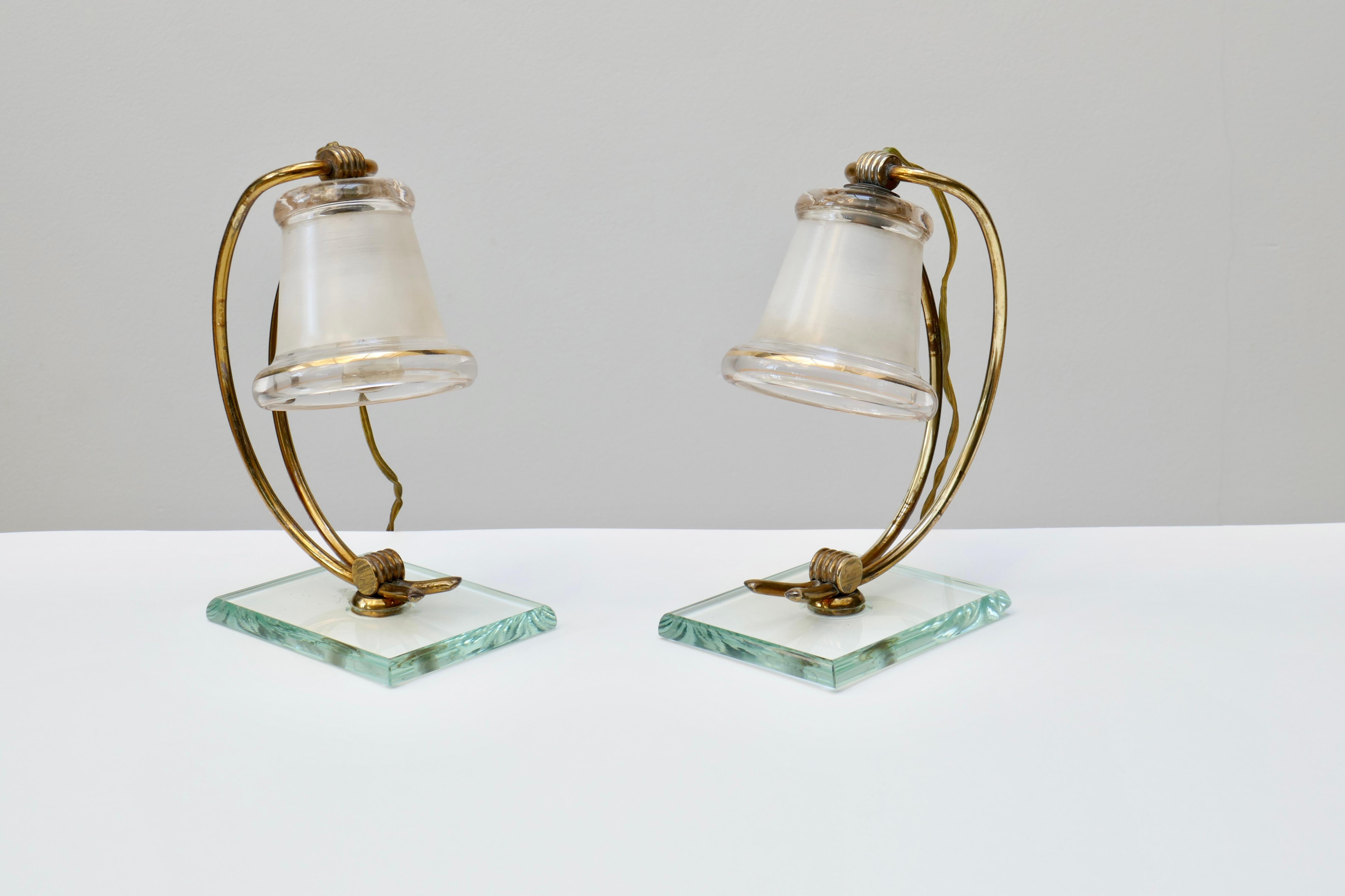 Mid-Century Modern Pair of Small Glass and Brass Lamps, Italy, 1950s For Sale