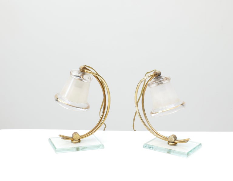 Pair of Small Glass and Brass Lamps, Italy, 1950s For Sale 2