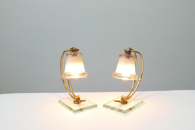 Pair of Small Glass and Brass Lamps, Italy, 1950s For Sale 3