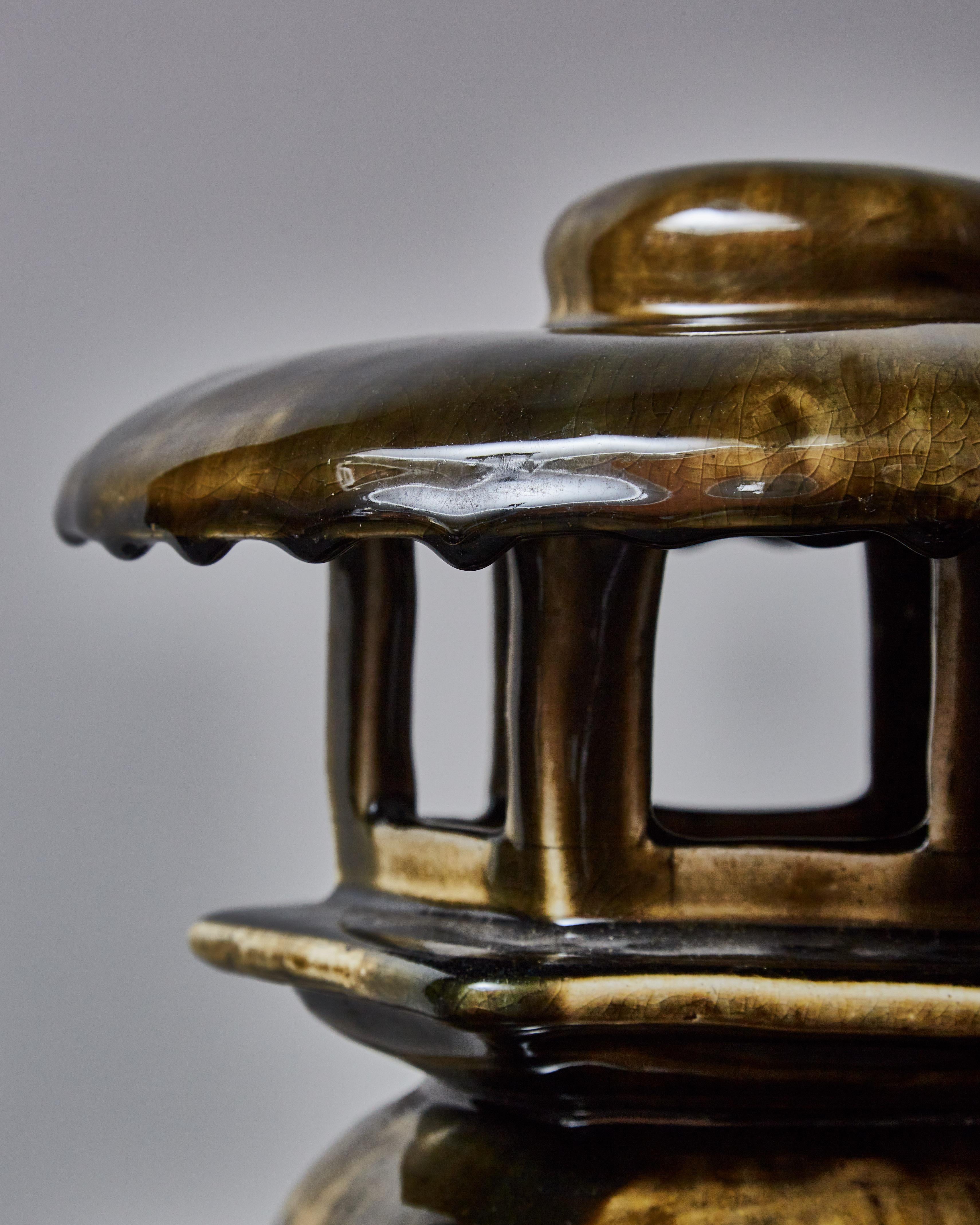 Paar kleine glasierte Pagoden-Tischlampen aus Keramik im Zustand „Gut“ im Angebot in Saint-Ouen, IDF