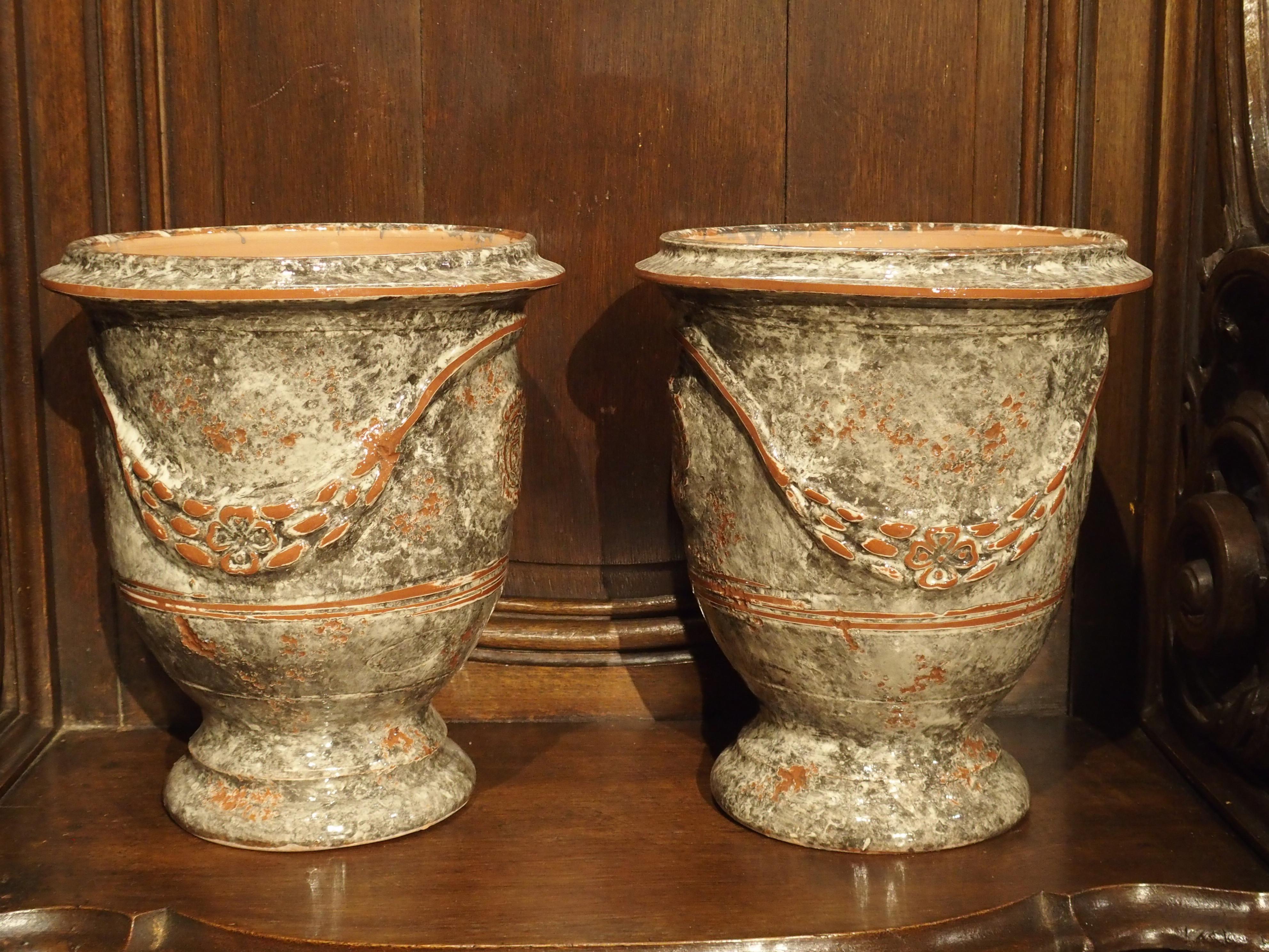 French Pair of Small Glazed Terracotta Anduze Pots from France