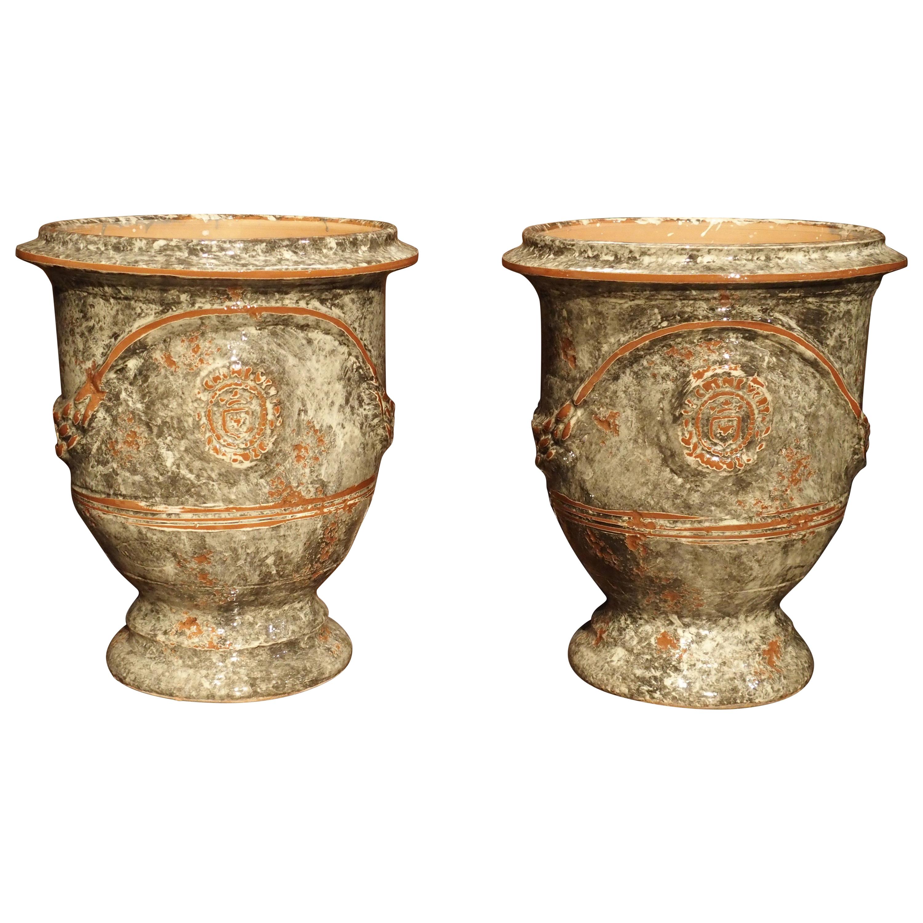 Pair of Small Glazed Terracotta Anduze Pots from France