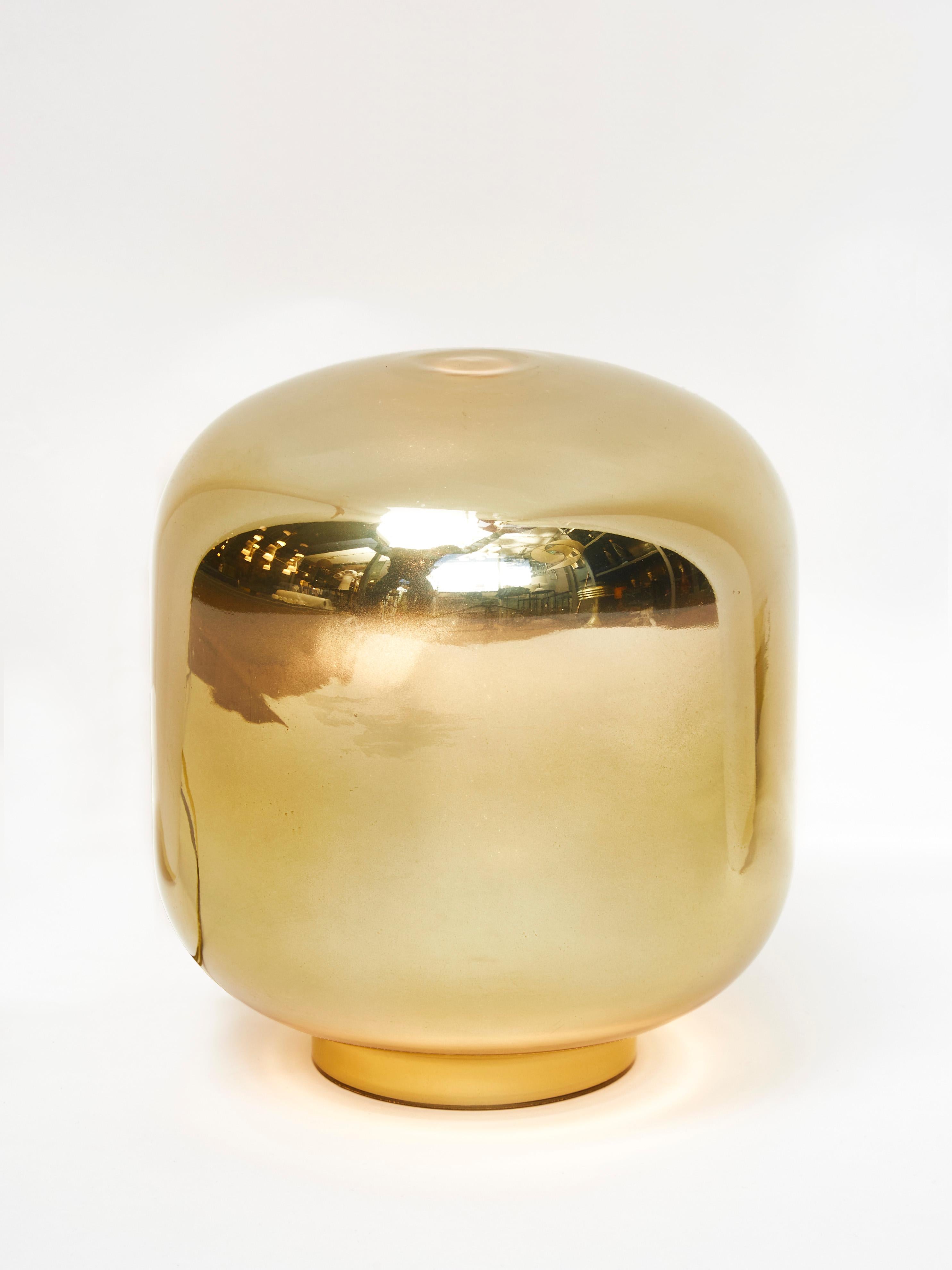 Pair of small lantern shaped table lamps in glass painted in gold.