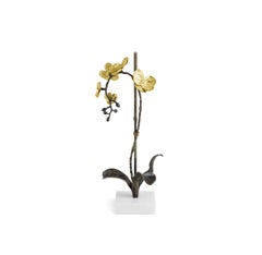 Pair of Small Gold Metal Orchid Stem Sculptures on Marble, Contemporary Style