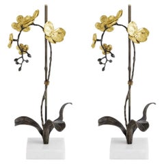 Pair of Small Gold Metal Orchid Stem Sculptures on Marble, Contemporary Style