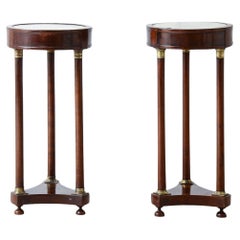 pair of small Gueridon with three columns and drum top with inset marble