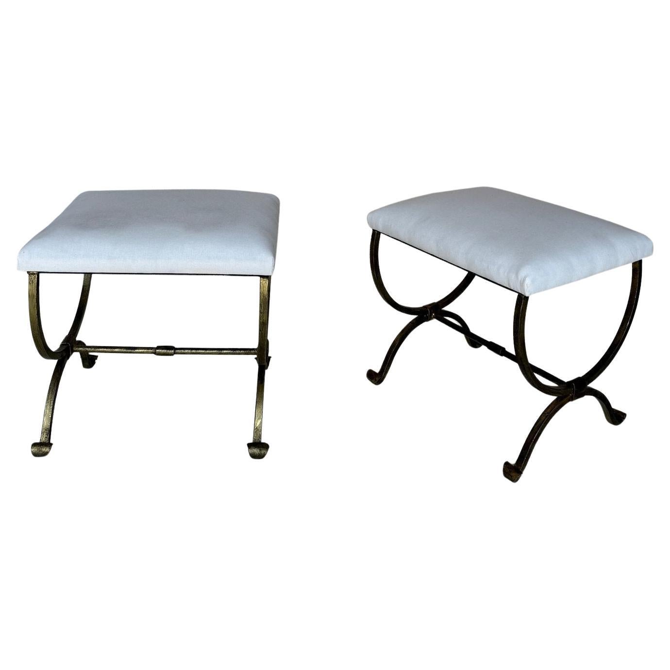 Pair of Small Hand Forged Spanish Gilt Iron Benches in Muslin