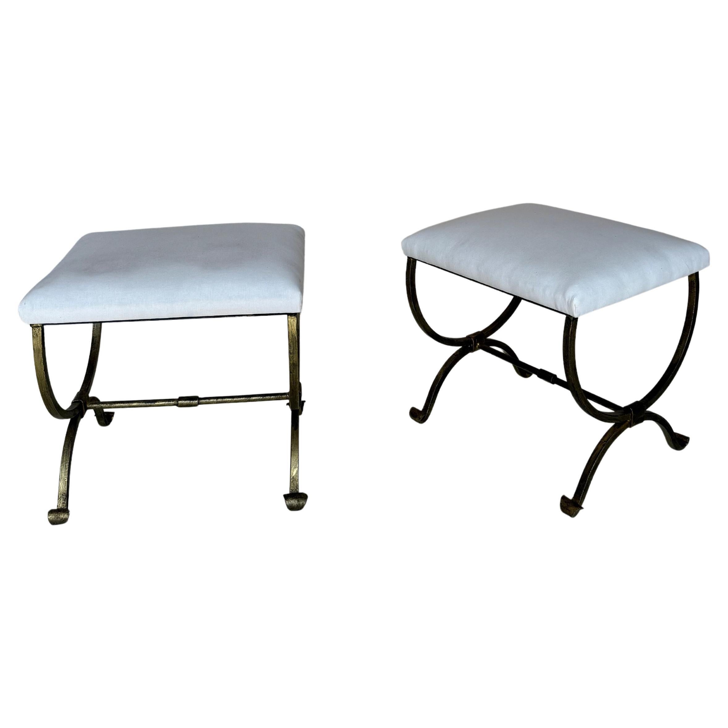 Pair of Small Hand Forged Spanish Gilt Iron Benches in Muslin