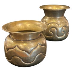 Vintage Pair of Small Hand Hammered Decorative Brass Vases , Urns 1970's Mexico