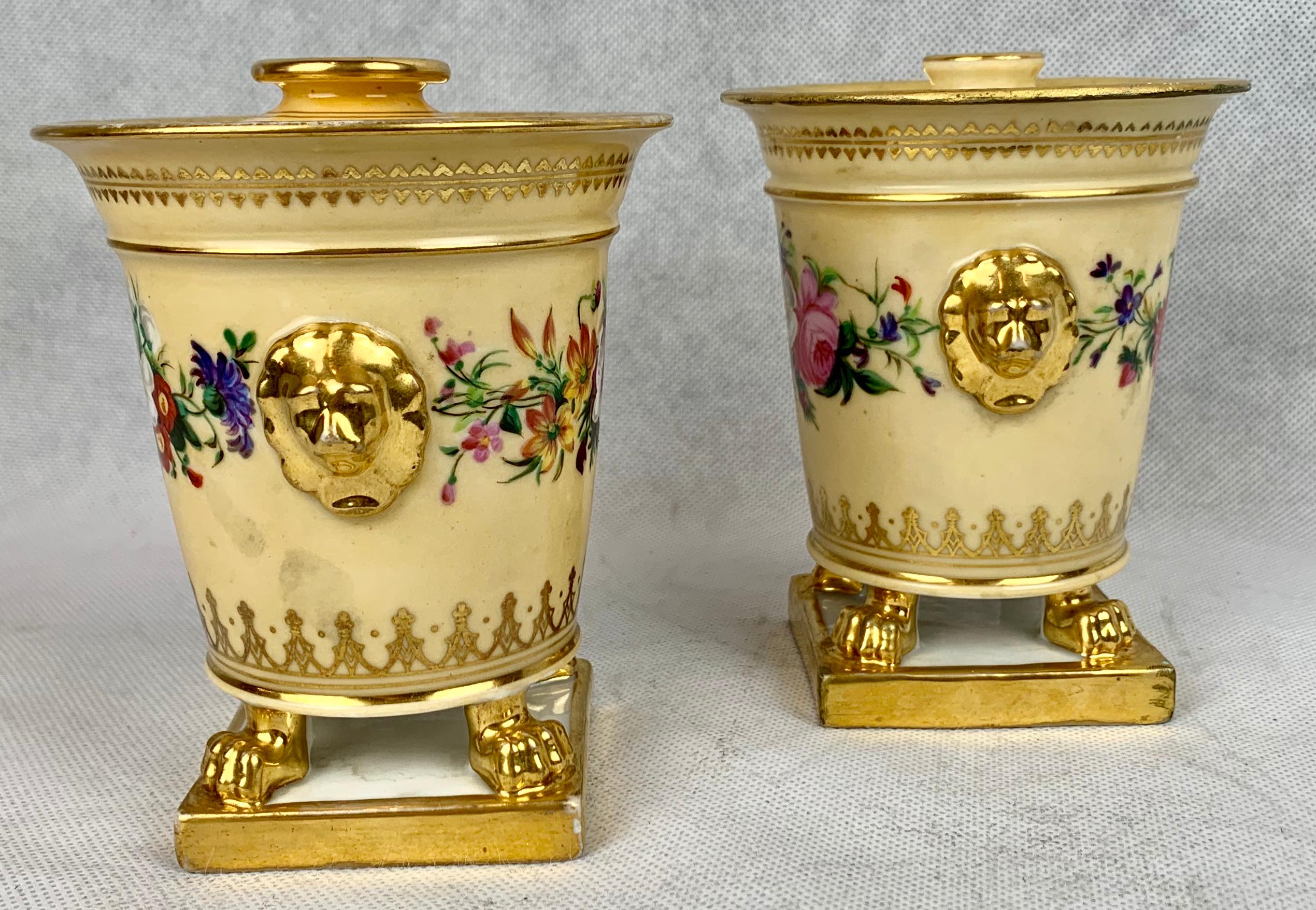 Pair of hand painted small bough pots by Darte Frères Paris, France. The tops have everted rims while the body with lion's paw feet rest on a square base. The side handles are lion's heads. There is slight ware to the burnished gold due to the age