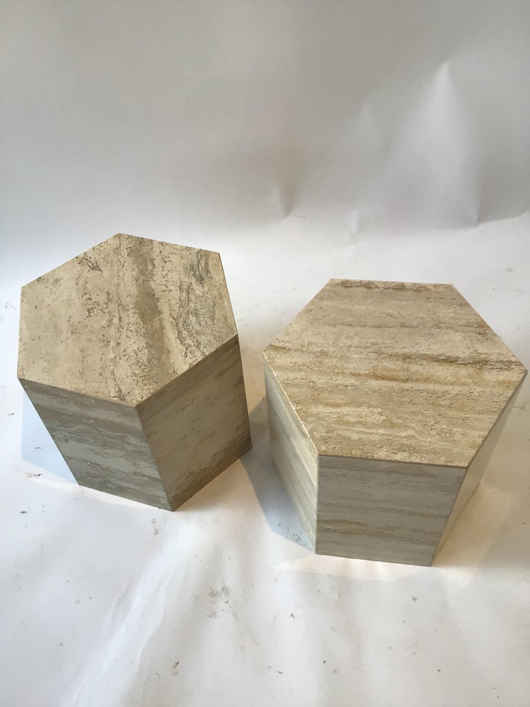 Pair of Small Hexagonal Travertine Marble Tables For Sale at 1stDibs