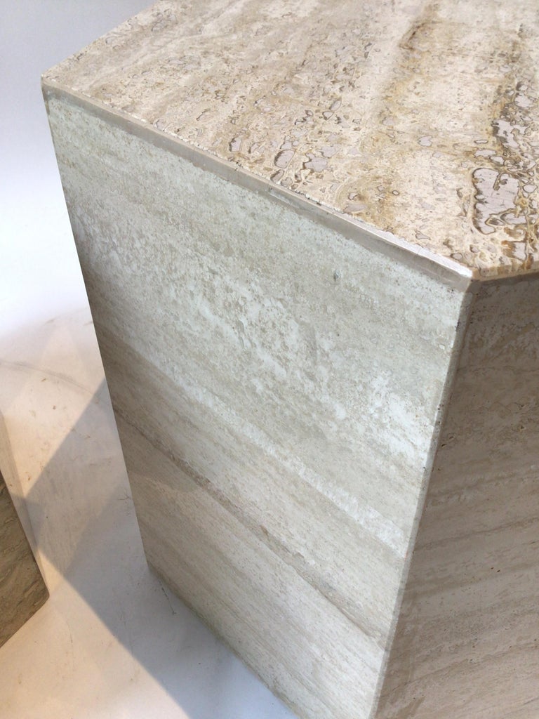 Pair of Small Hexagonal Travertine Marble Tables For Sale at 1stDibs
