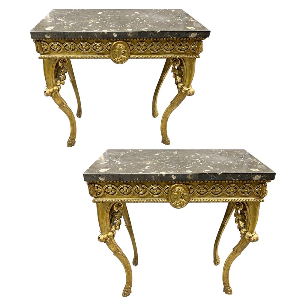 Pair of Small Italian 18th Century Carved Giltwood Console Tables, 1770
