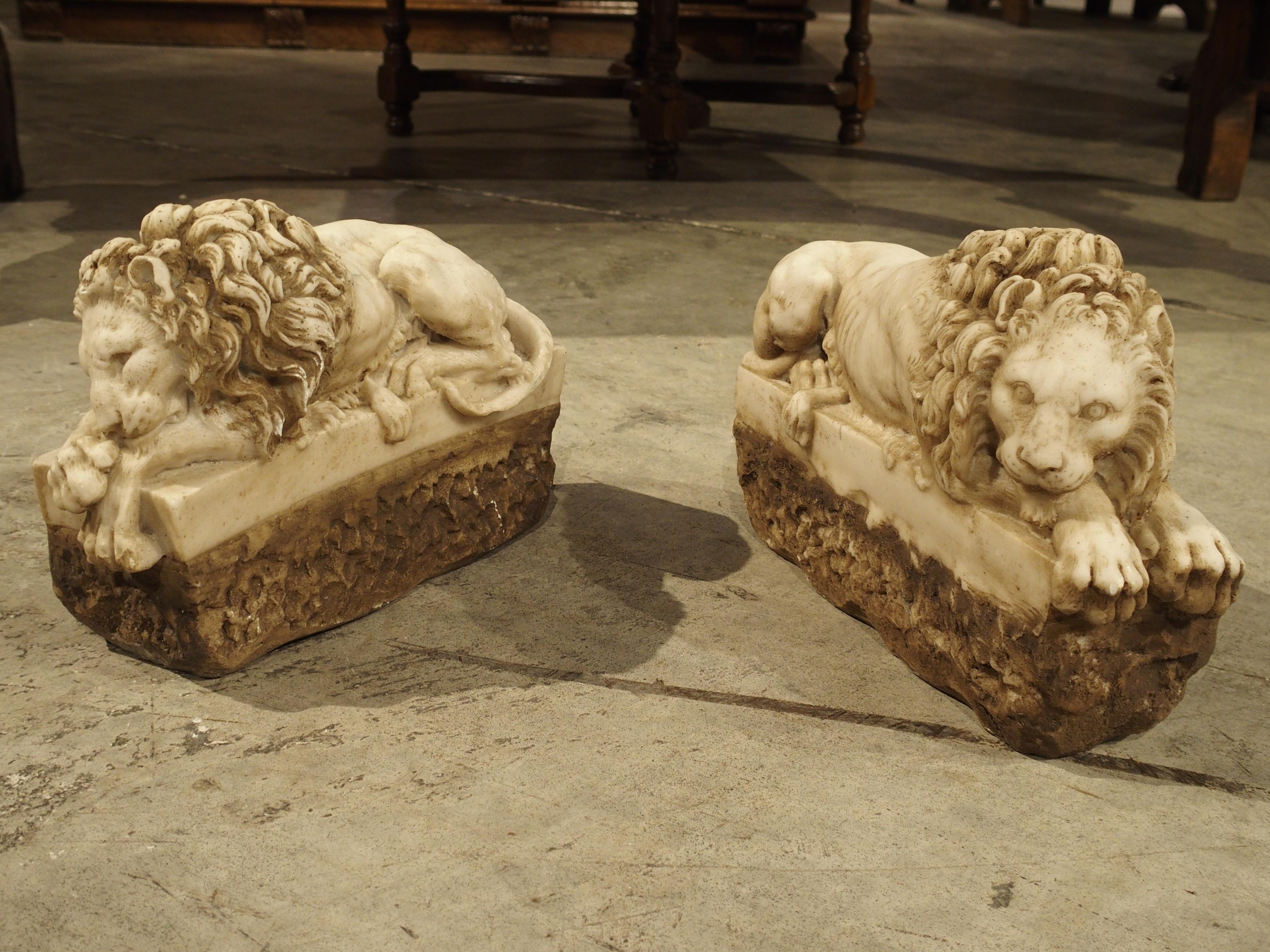 Antonio Canova (1757-1822), the renowned Italian artist, created the originals of these lions as a part of the monumental tomb for Clement XIII, in 1792 at St. Peter’s Basilica in Rome. By the early 1800s, Canova became the most celebrated artist in